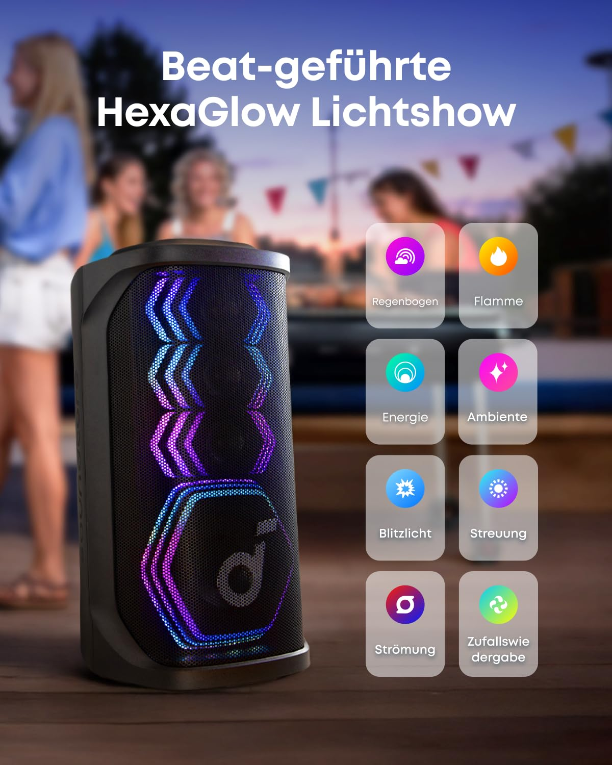 Une enceinte portable noire avec des lumières violettes et bleues à l'extérieur, avec un menu de modes d'éclairage.