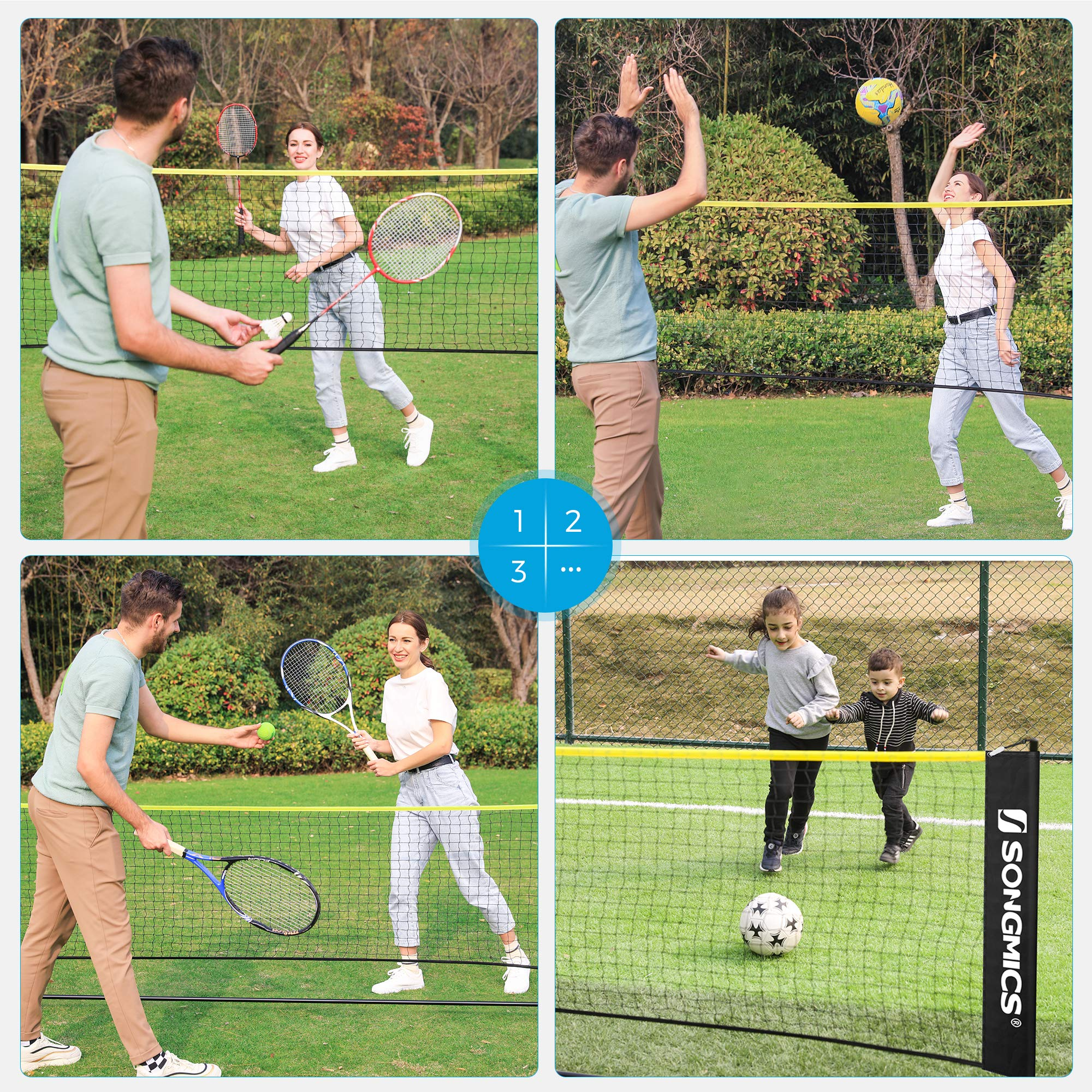 Famiglia pratica vari sport come badminton, pallavolo e calcio su una rete portatile nel parco.