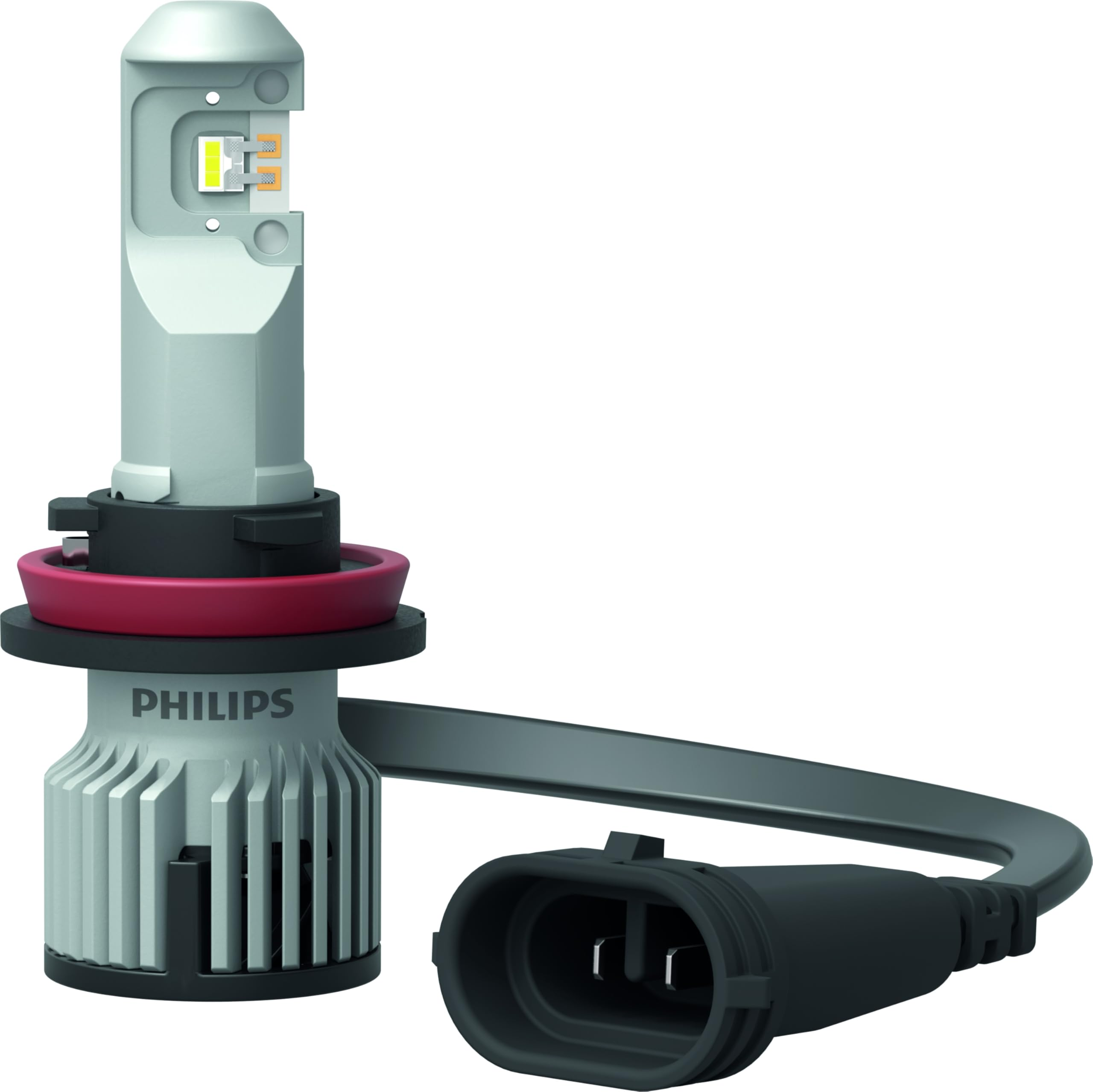 Une ampoule LED de voiture Philips blanche avec ailettes de refroidissement, bague d'étanchéité rouge et câble noir.