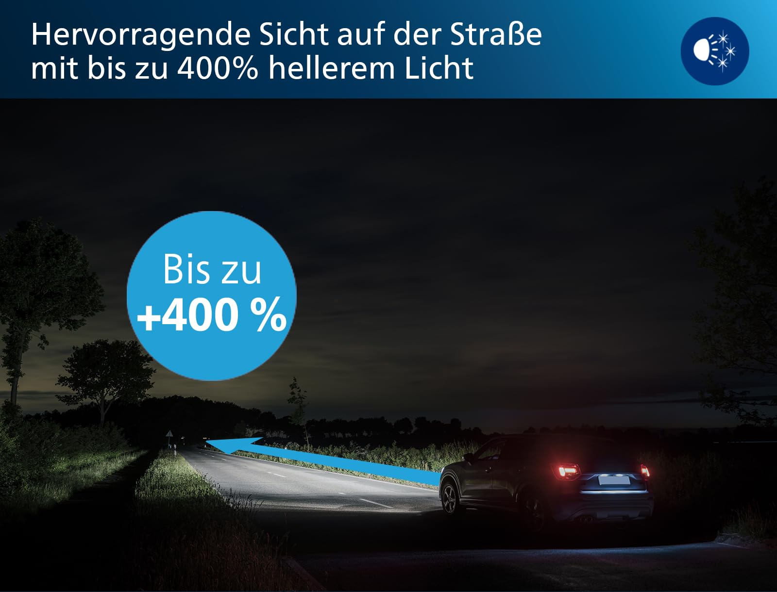 Une voiture garée sur une route sombre la nuit avec des phares lumineux.