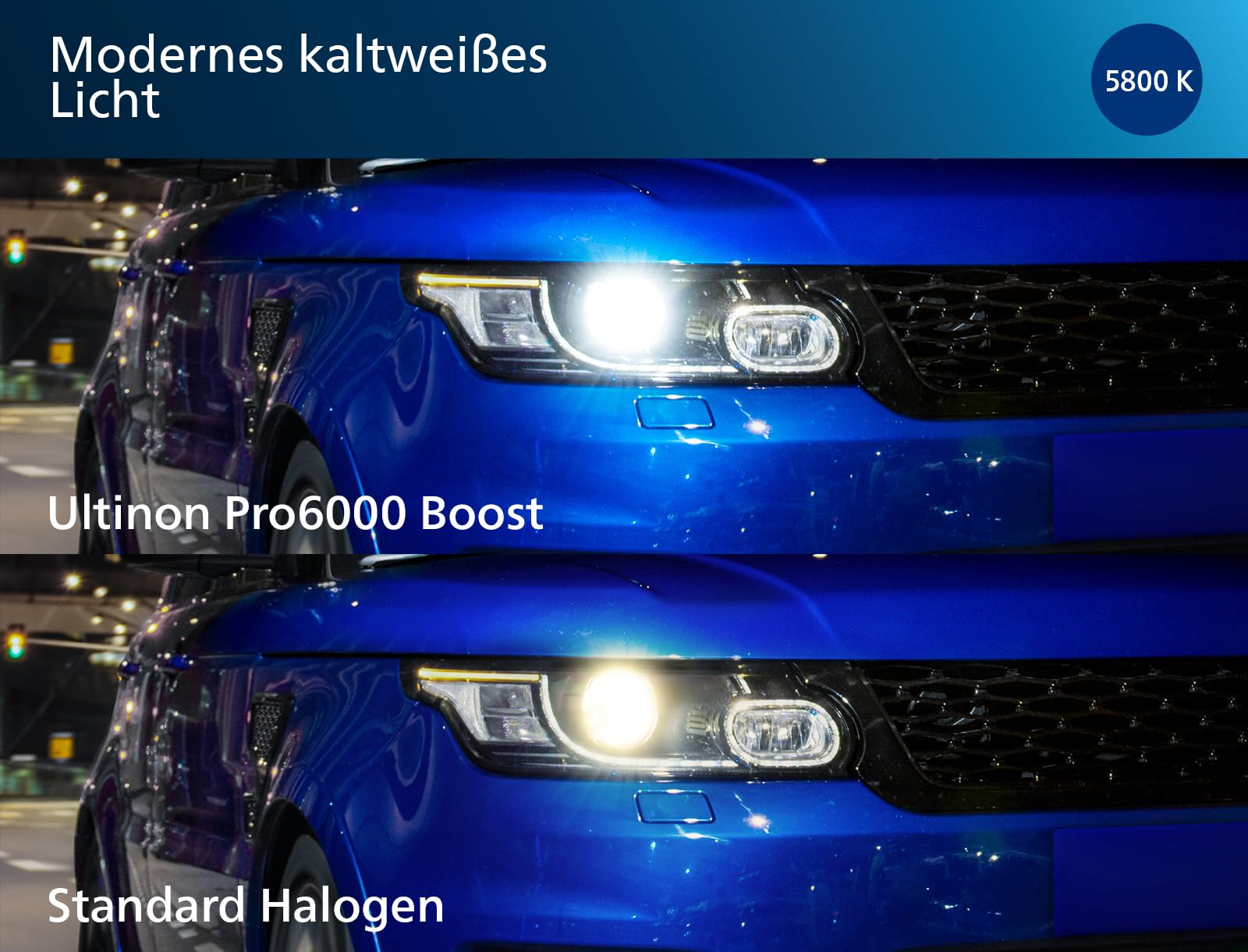 Comparaison entre une lumière blanche froide et une lumière standard jaunâtre sur une voiture bleue.