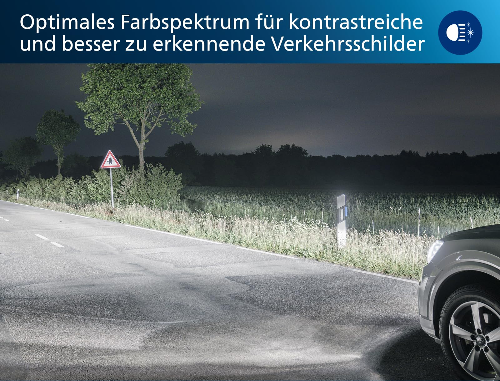 Une voiture éclaire une route de campagne avec des arbres et des panneaux la nuit.