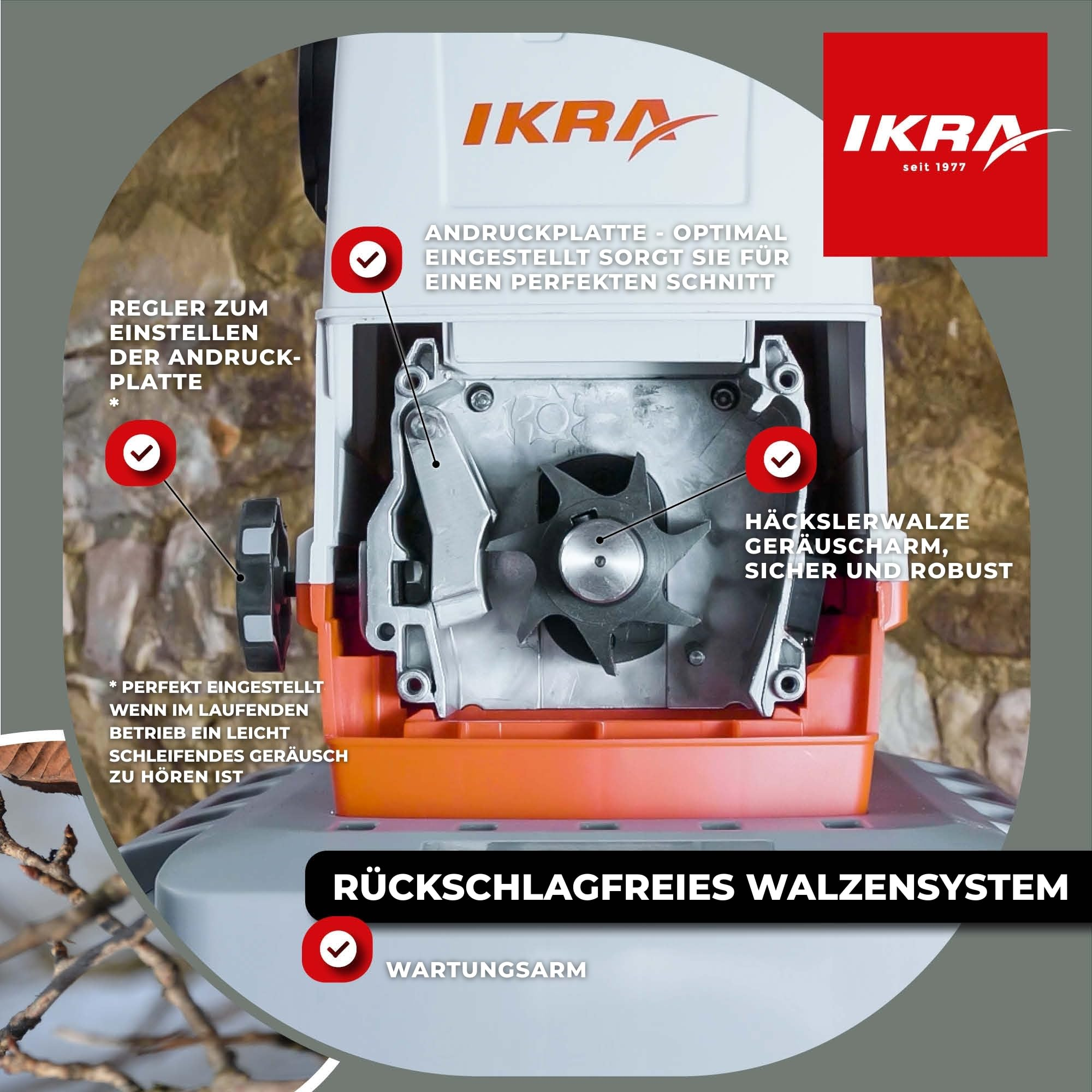 IKRA Gartenhäcksler Mechanismus mit Walze, Andruckplatte und Einstellknopf, der wichtige Funktionen hervorhebt.