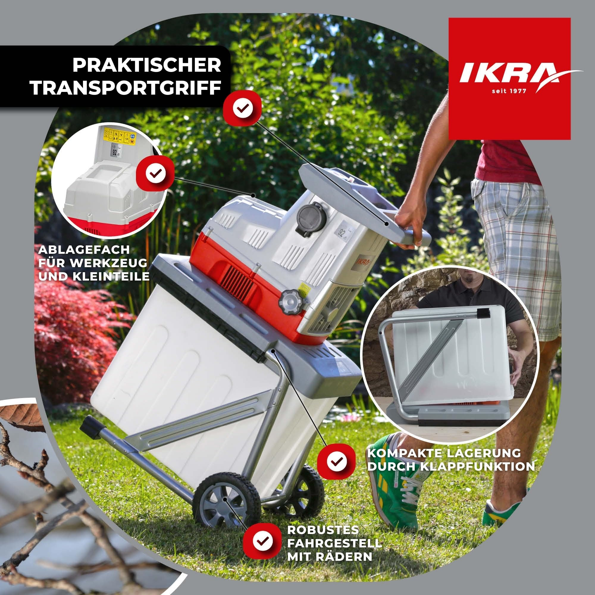 IKRA Gartenhäcksler mit Transportgriff, Rädern, Werkzeugfach und Klappfunktion in einem Garten.