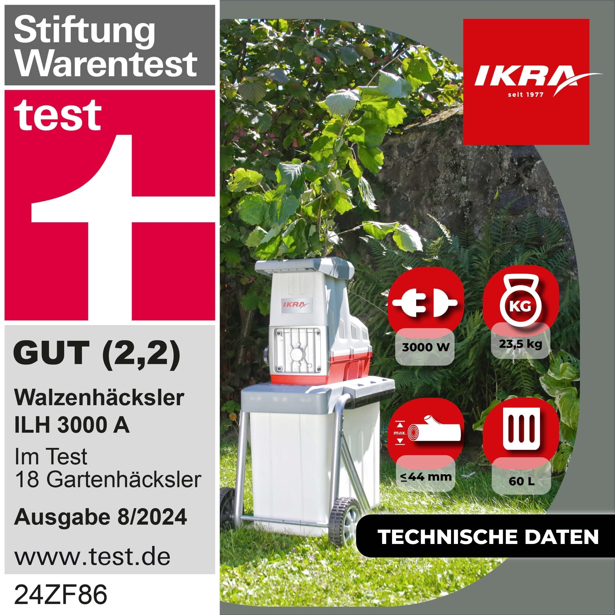 IKRA Walzenhäcksler ILH 3000 A mit technischen Daten und Testergebnis auf grünem Hintergrund vor Bäumen.