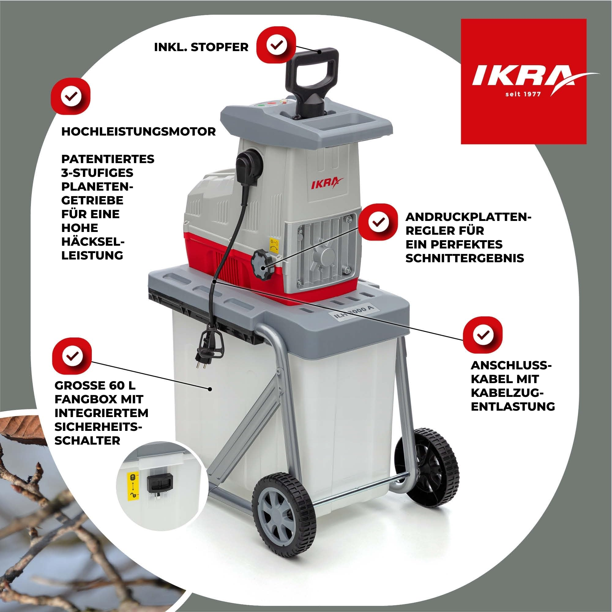 Ein IKRA Gartenhäcksler auf Rädern mit 60L Fangbox und deutschen Funktionsbeschreibungen.