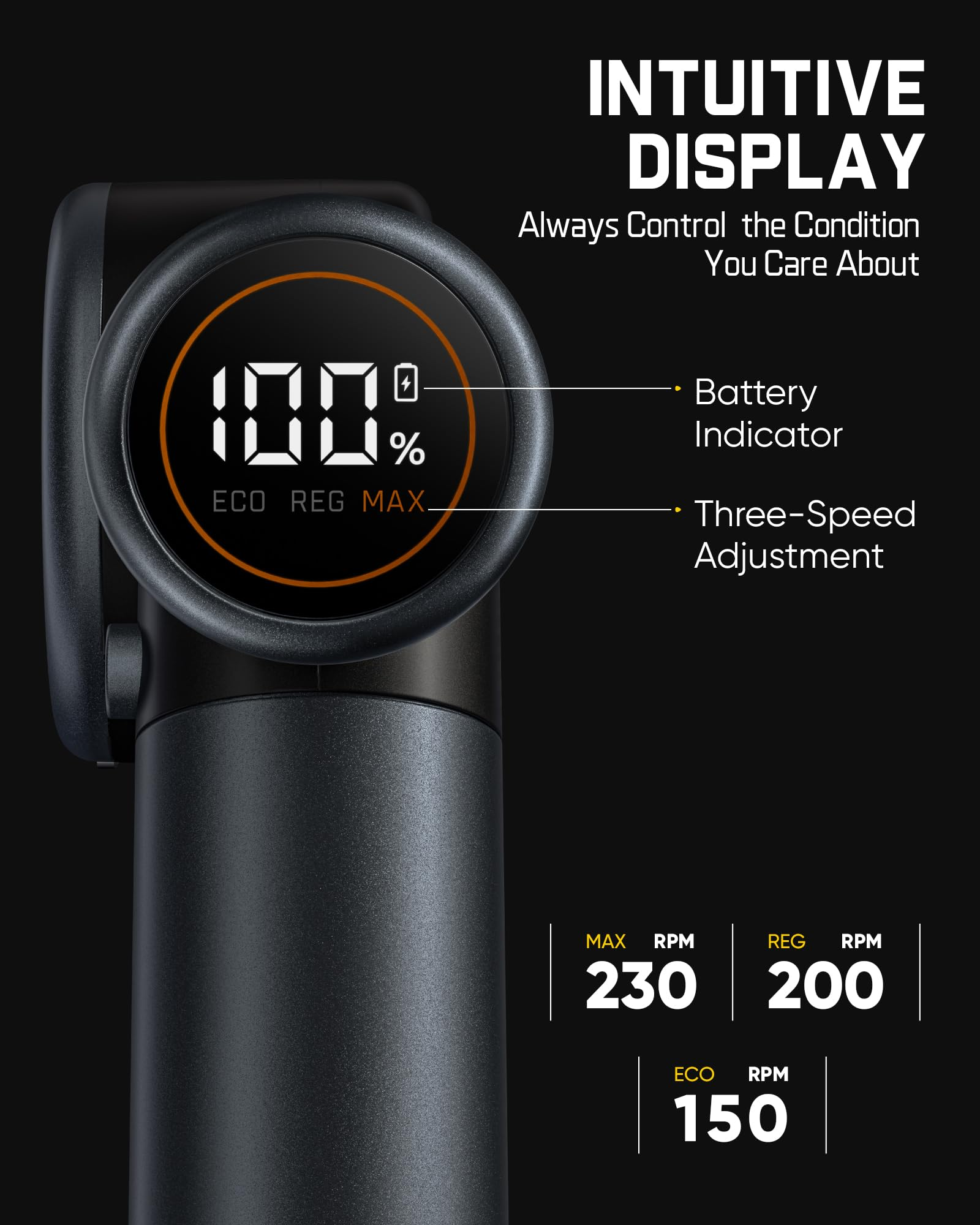 Intuitives Display einer Massagepistole mit Batterieanzeige und drei Geschwindigkeitsstufen.