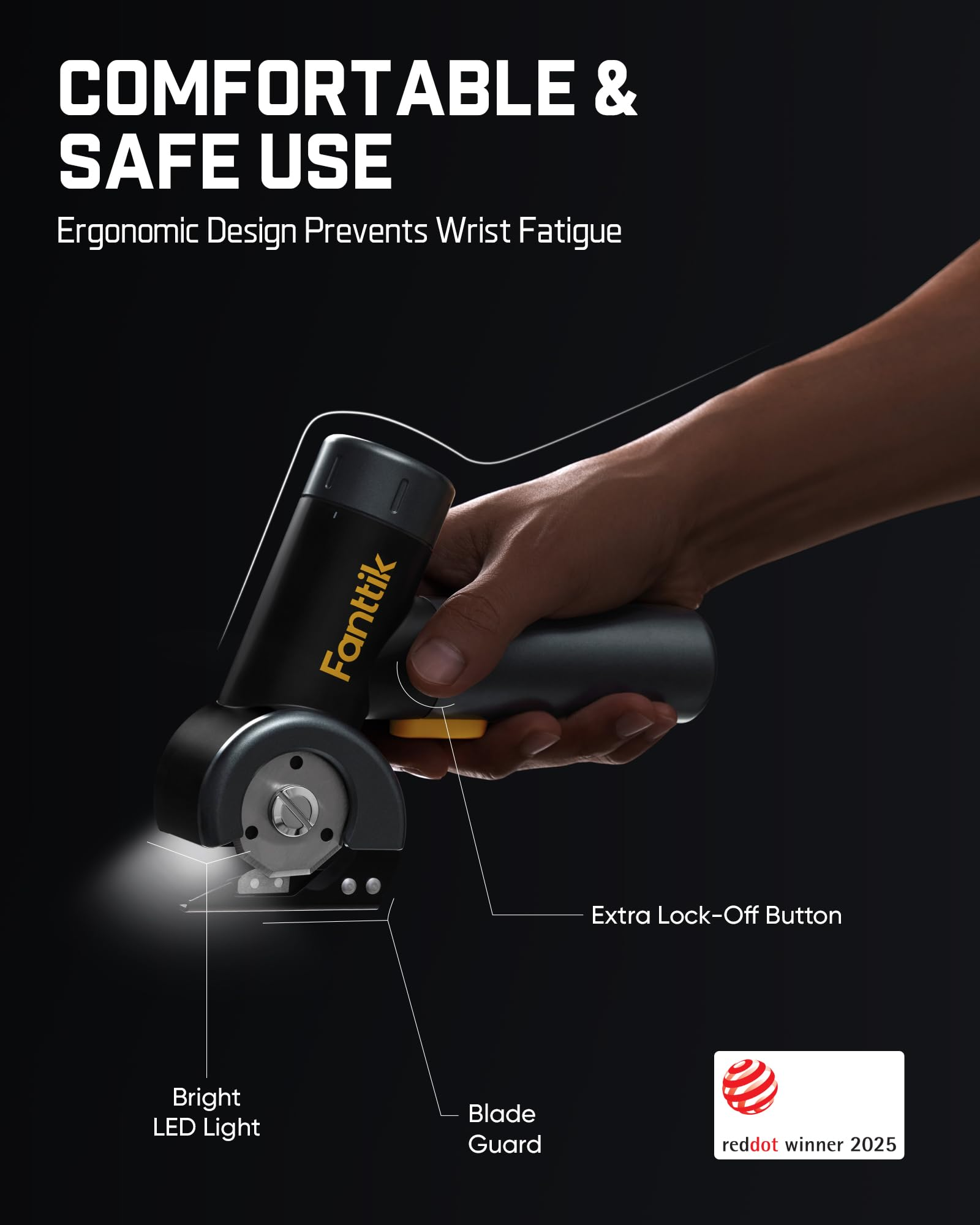 Eine Hand hält einen schwarzen, ergonomischen E-Schneider mit Verriegelung, LED-Licht und Klingenschutz vor dunklem Hintergrund.
