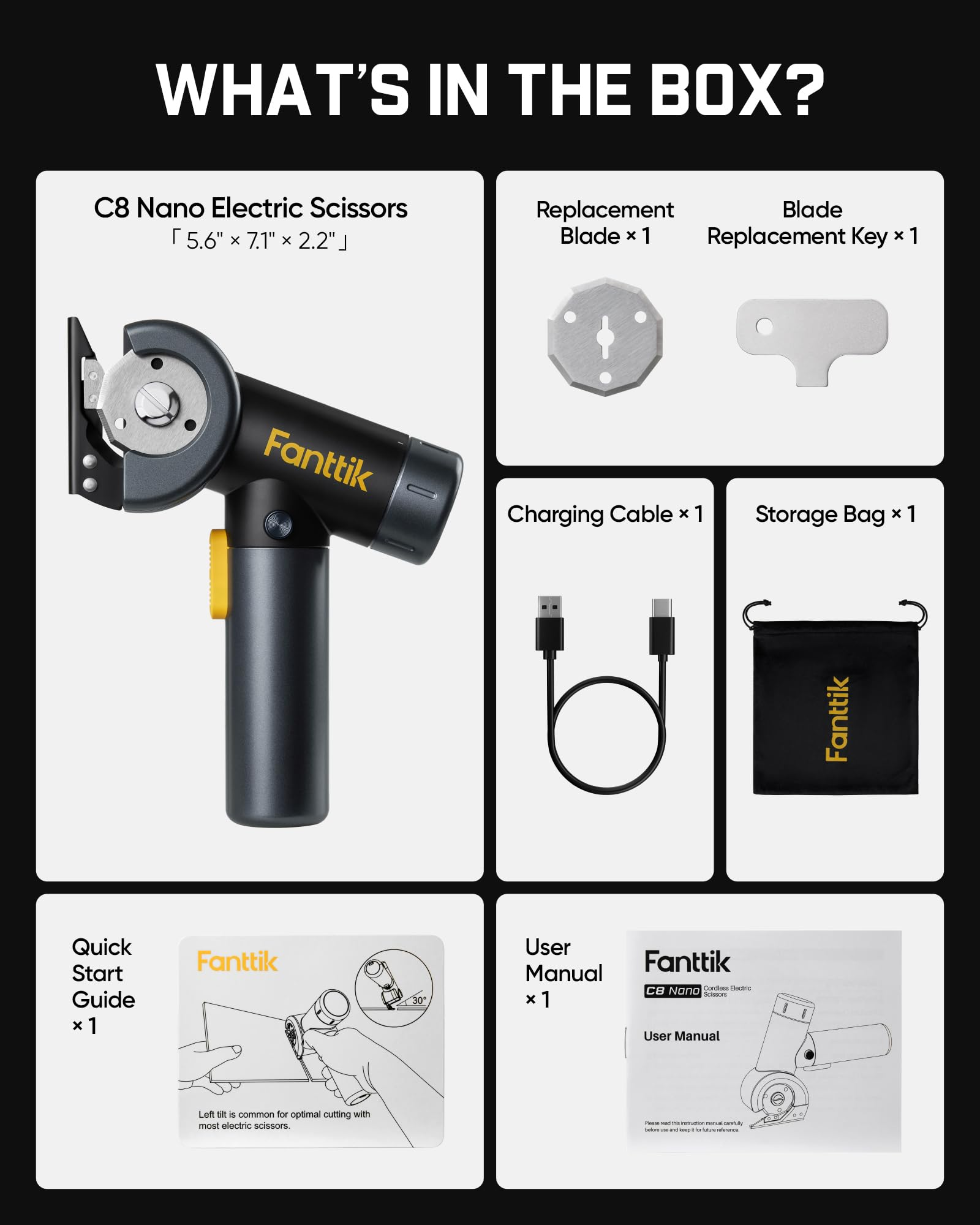 Lieferumfang: Fanttik C8 Nano elektrische Schere, Ersatzklinge, Schlüssel, Ladekabel, Tasche, Anleitung.
