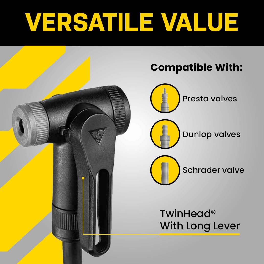 Une pompe à vélo noire TwinHead à long levier, compatible avec les valves Presta, Dunlop et Schrader.