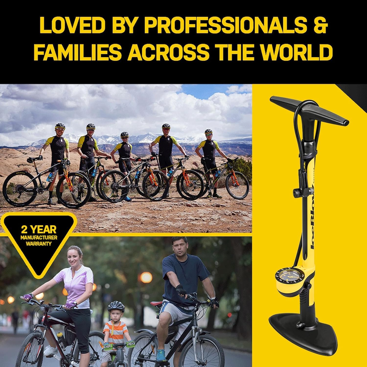 Une pompe à vélo jaune est présentée avec des images de cyclistes et de familles.