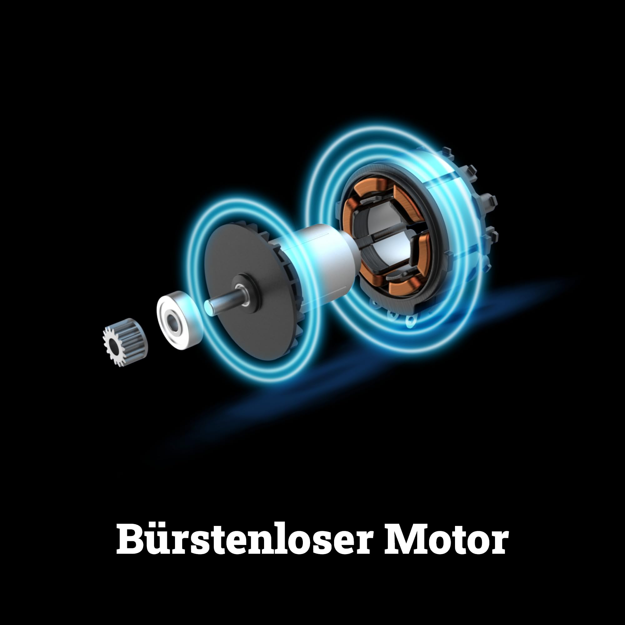 Vue éclatée d'un moteur sans balais avec des anneaux d'énergie bleus et le texte 'Bürstenloser Motor'.