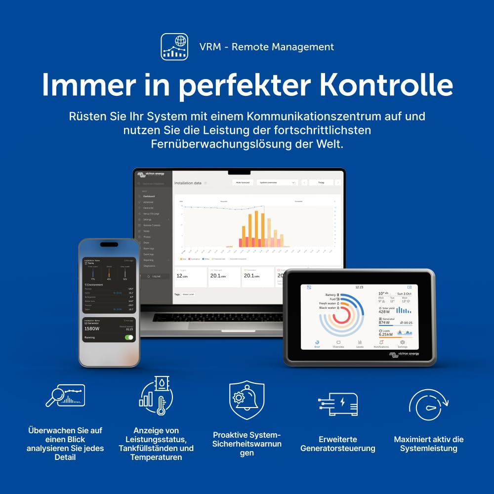 Immagine pubblicitaria blu per VRM Remote Management con laptop, smartphone, display e icone di monitoraggio.
