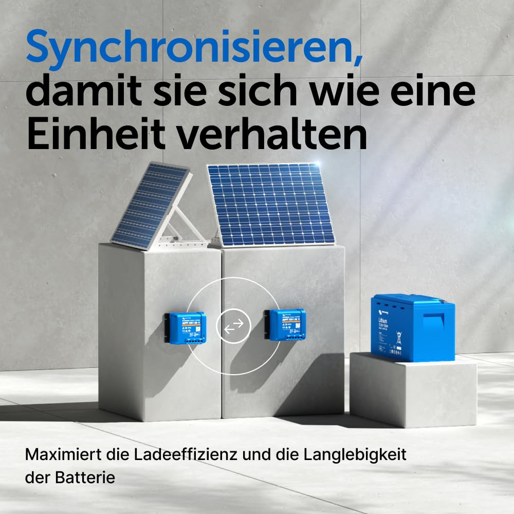 Due pannelli solari su blocchi con controller blu e una batteria blu, collegati da un'icona di sincronizzazione.