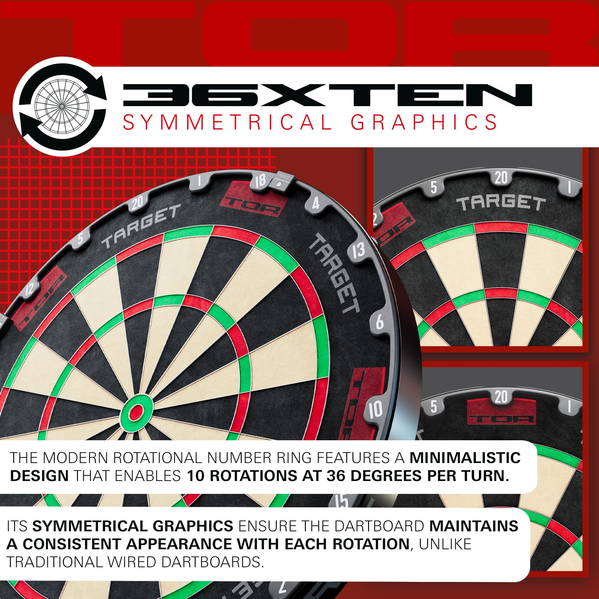 Grafik einer Target Dartscheibe mit rotierbarem Zahlenring und symmetrischem Design.