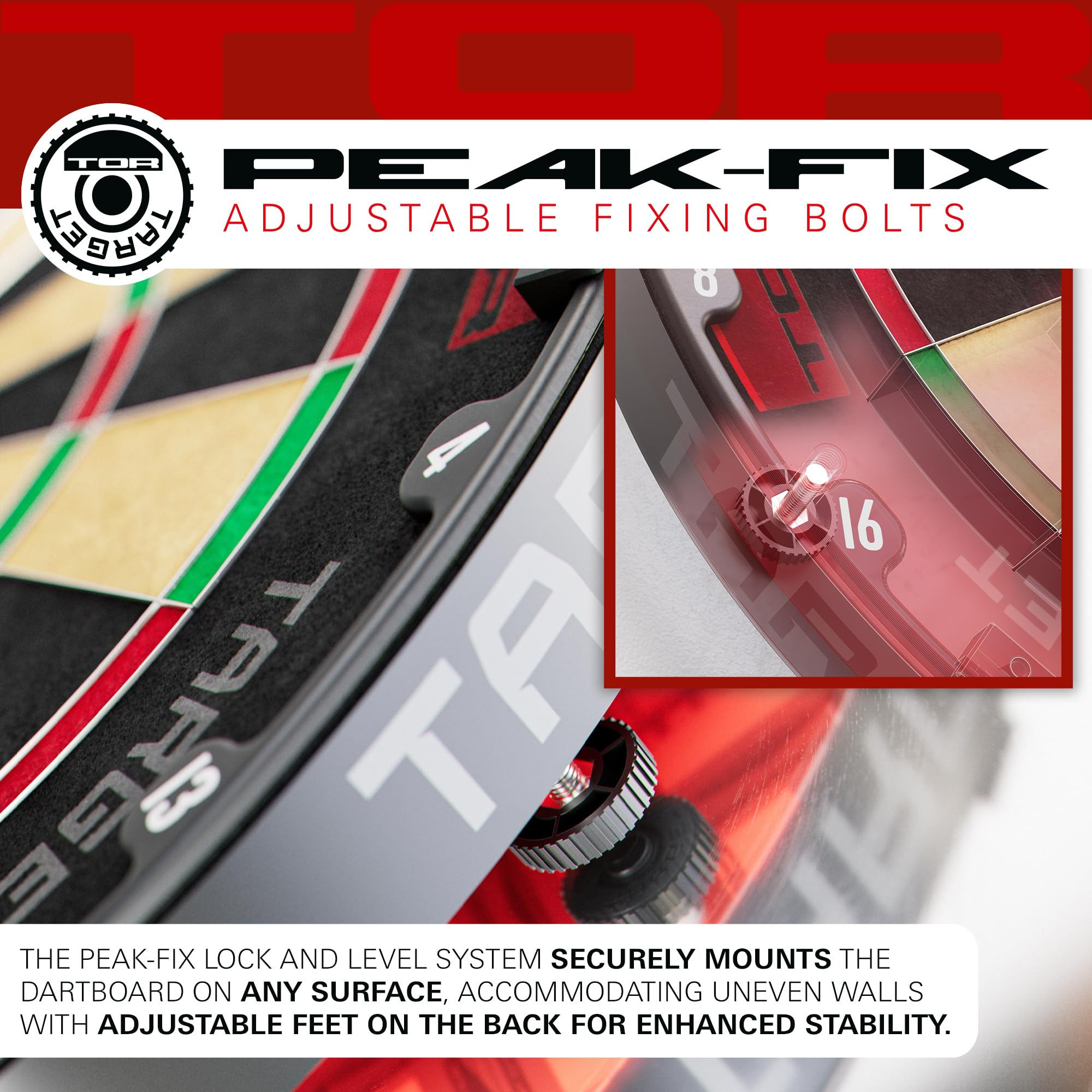 Nahaufnahme eines Dartboards mit Peak-Fix-Schrauben zur Wandbefestigung und Nivellierung.