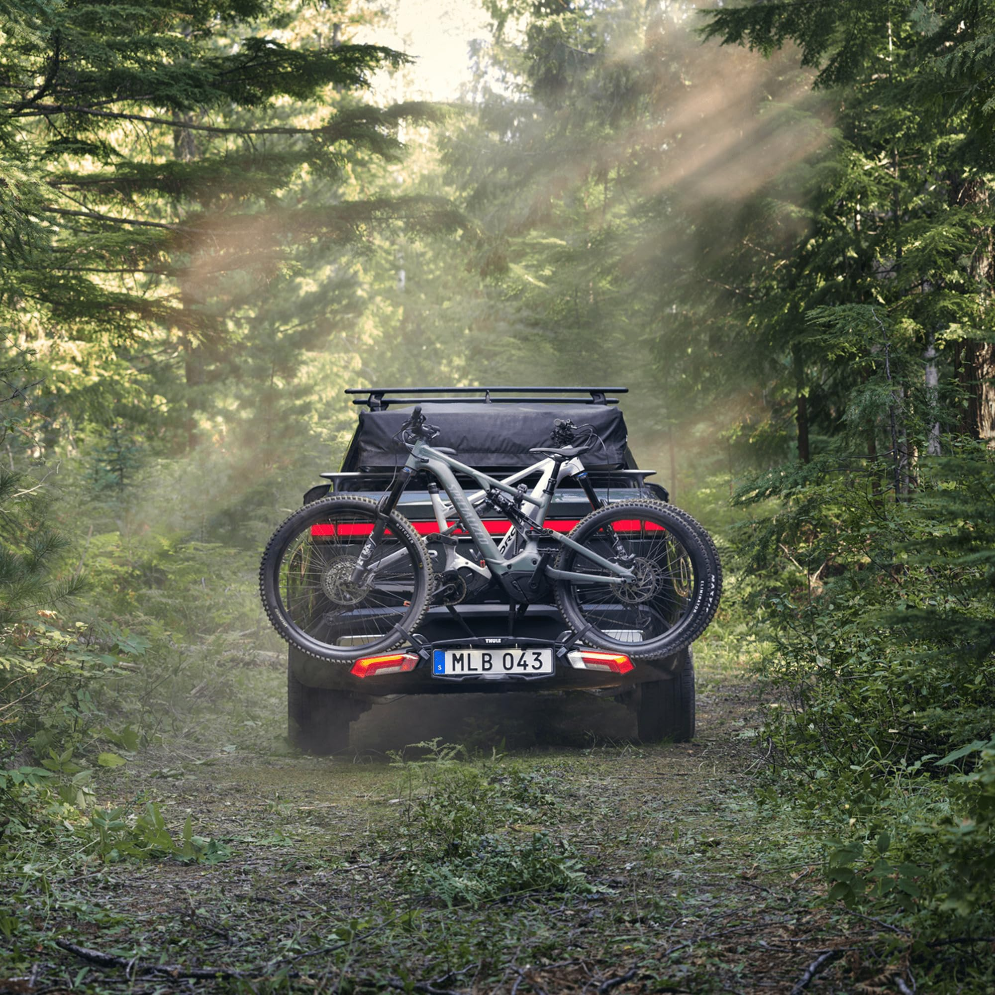 Un pick-up con due biciclette sul portapacchi posteriore percorre un sentiero nel bosco.