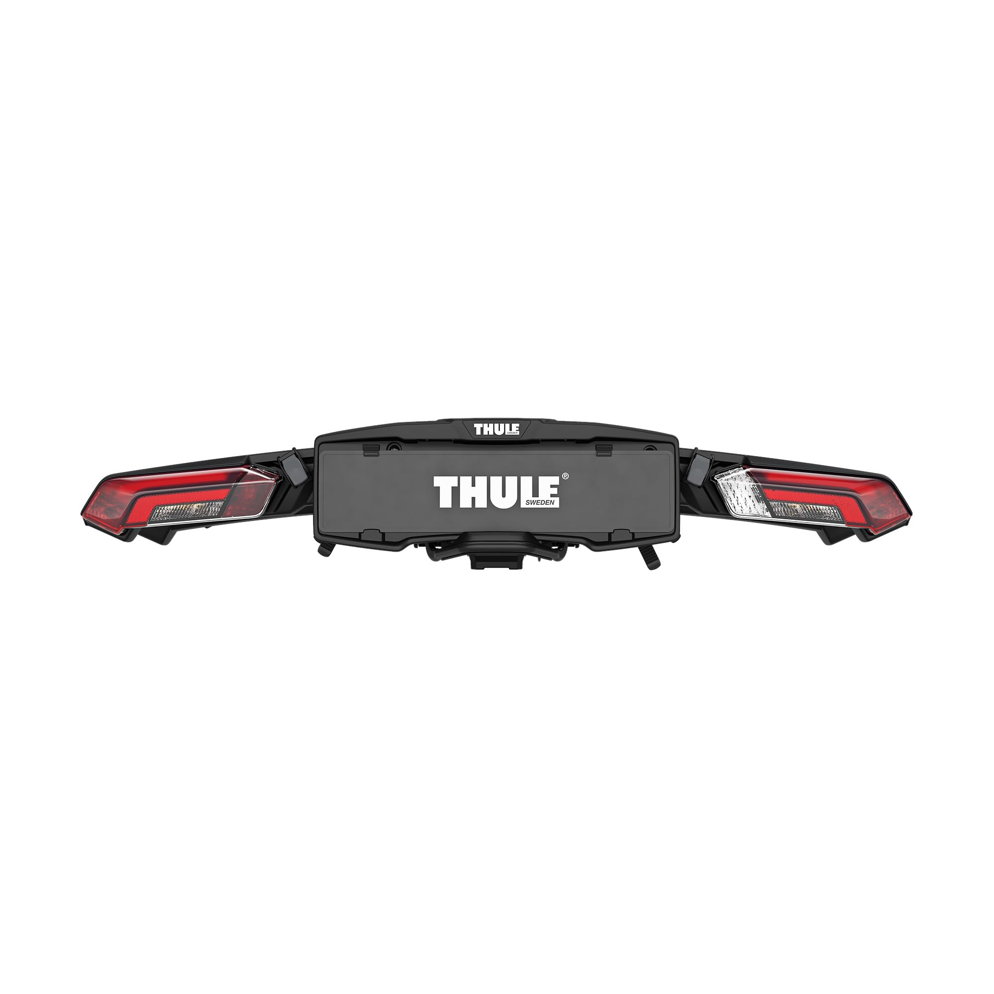 Portabici Thule nero con luci posteriori rosse e bianche su sfondo bianco.