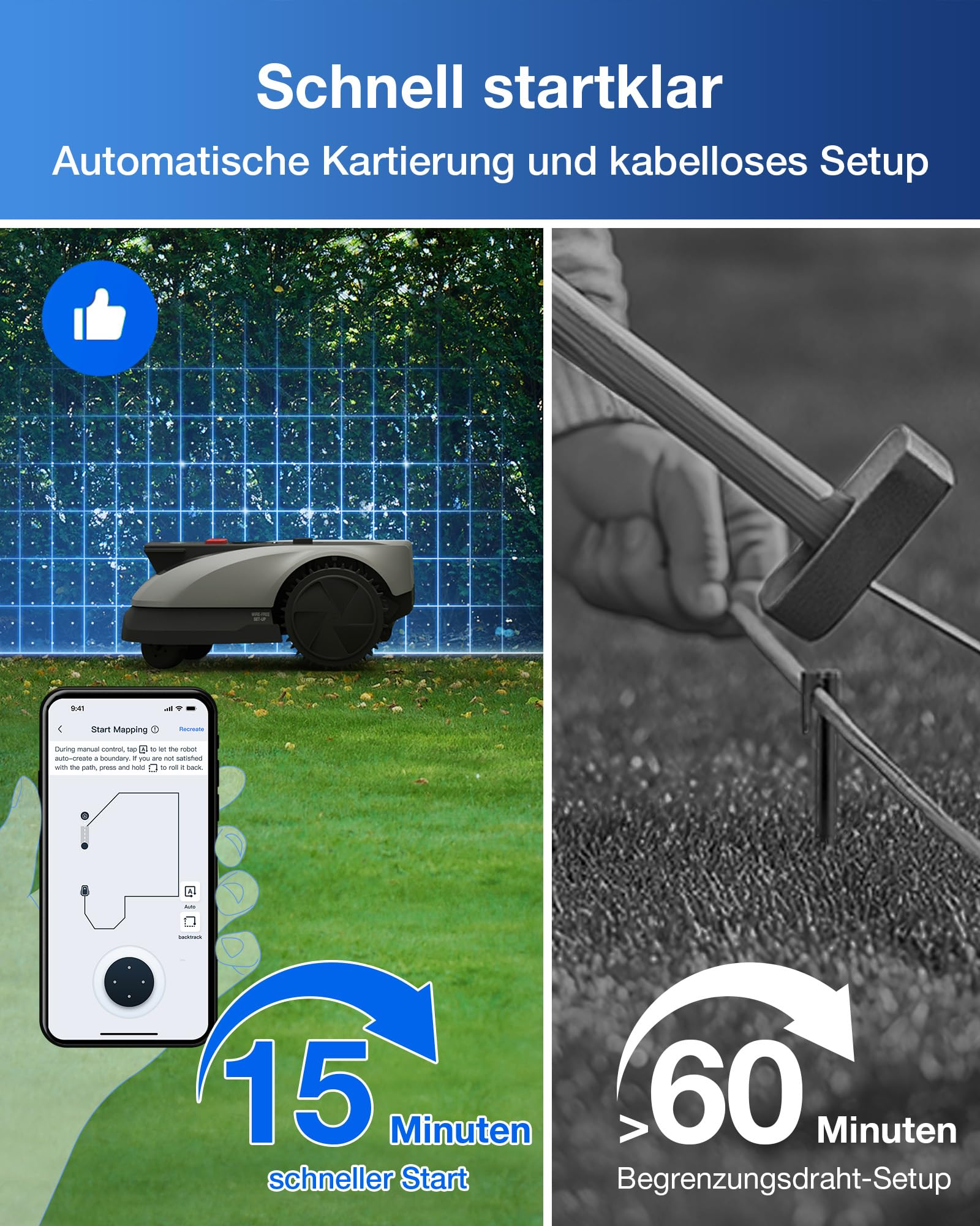 Mähroboter und Smartphone-App für schnellen Start, plus Hammer für Draht-Setup.