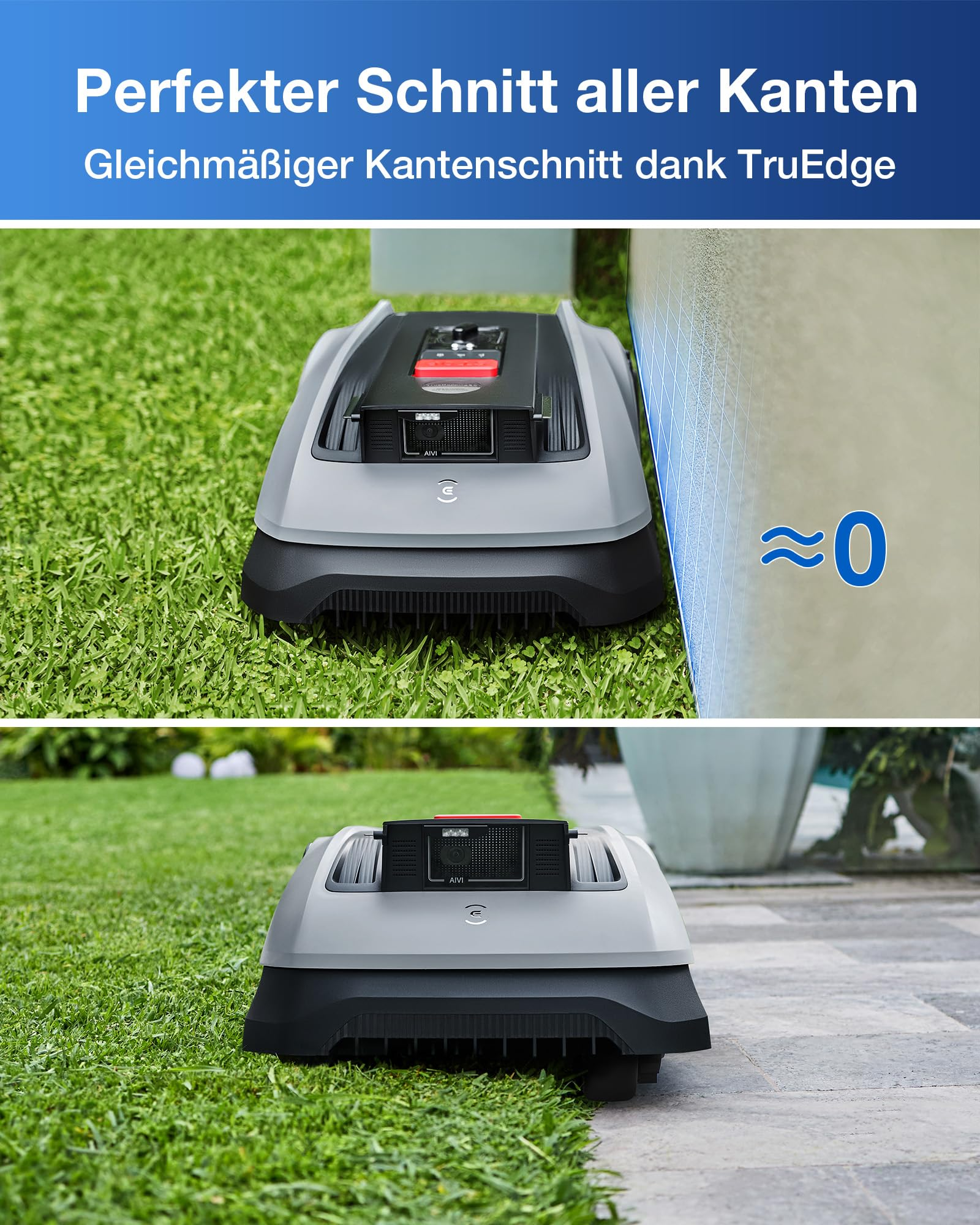 Ein grauer Mähroboter schneidet Gras nah an Wänden und Kanten.