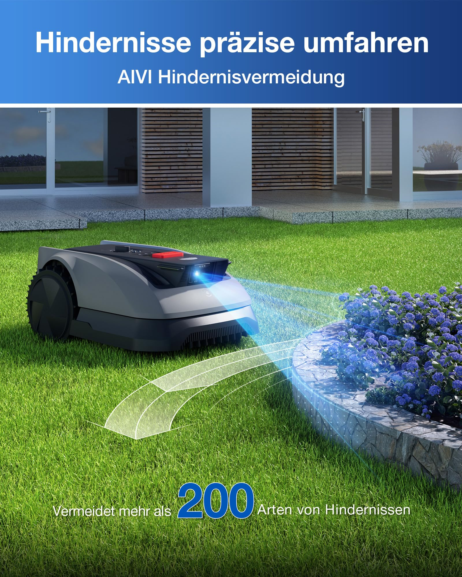 Ein robuster Mähroboter navigiert präzise um ein Blumenbeet auf einem grünen Rasen.