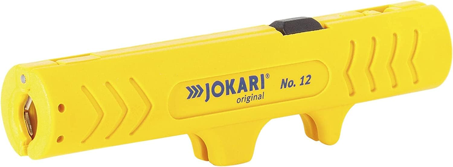 Gelbes Jokari No. 12 Abisolierwerkzeug mit schwarzem Schalter auf weißem Hintergrund.