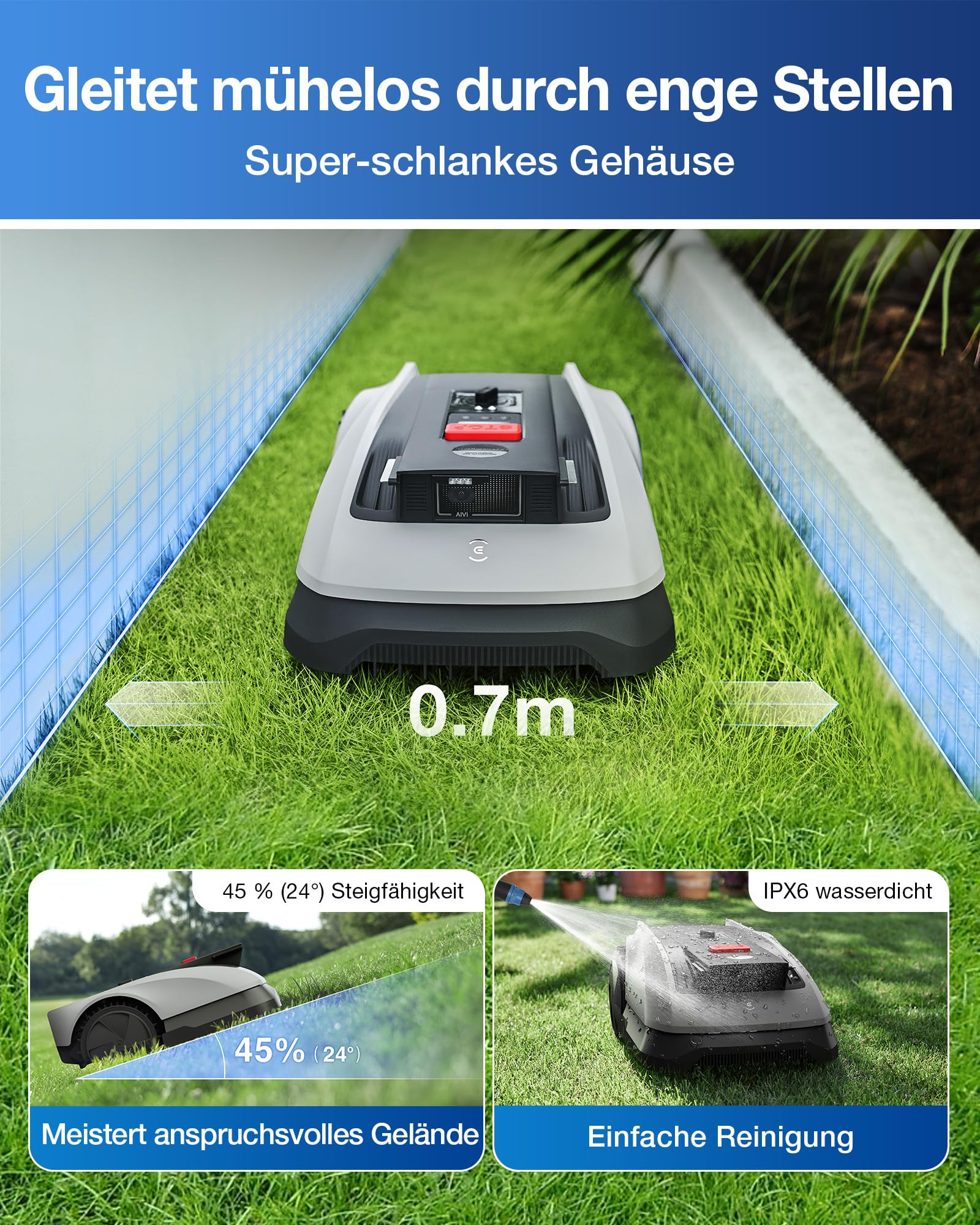 Ein schlanker Mähroboter auf Rasen zeigt 0.7m Abstand, Hangbewältigung und Wasserdichtigkeit.