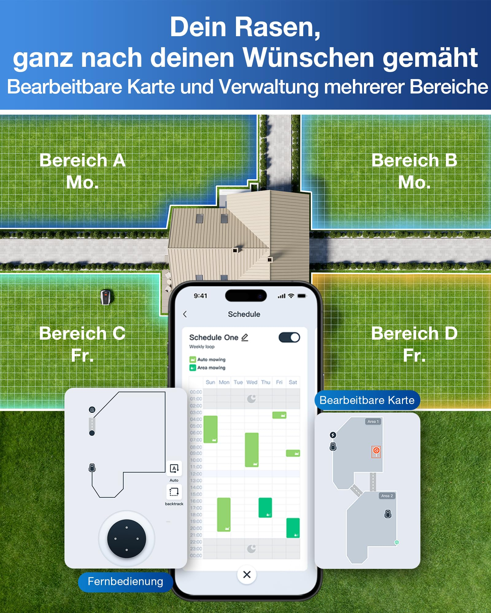 Smartphone mit Mähplan-App zeigt eine Rasenkarte mit vier verschiedenen Bereichen und Steuerungselementen.