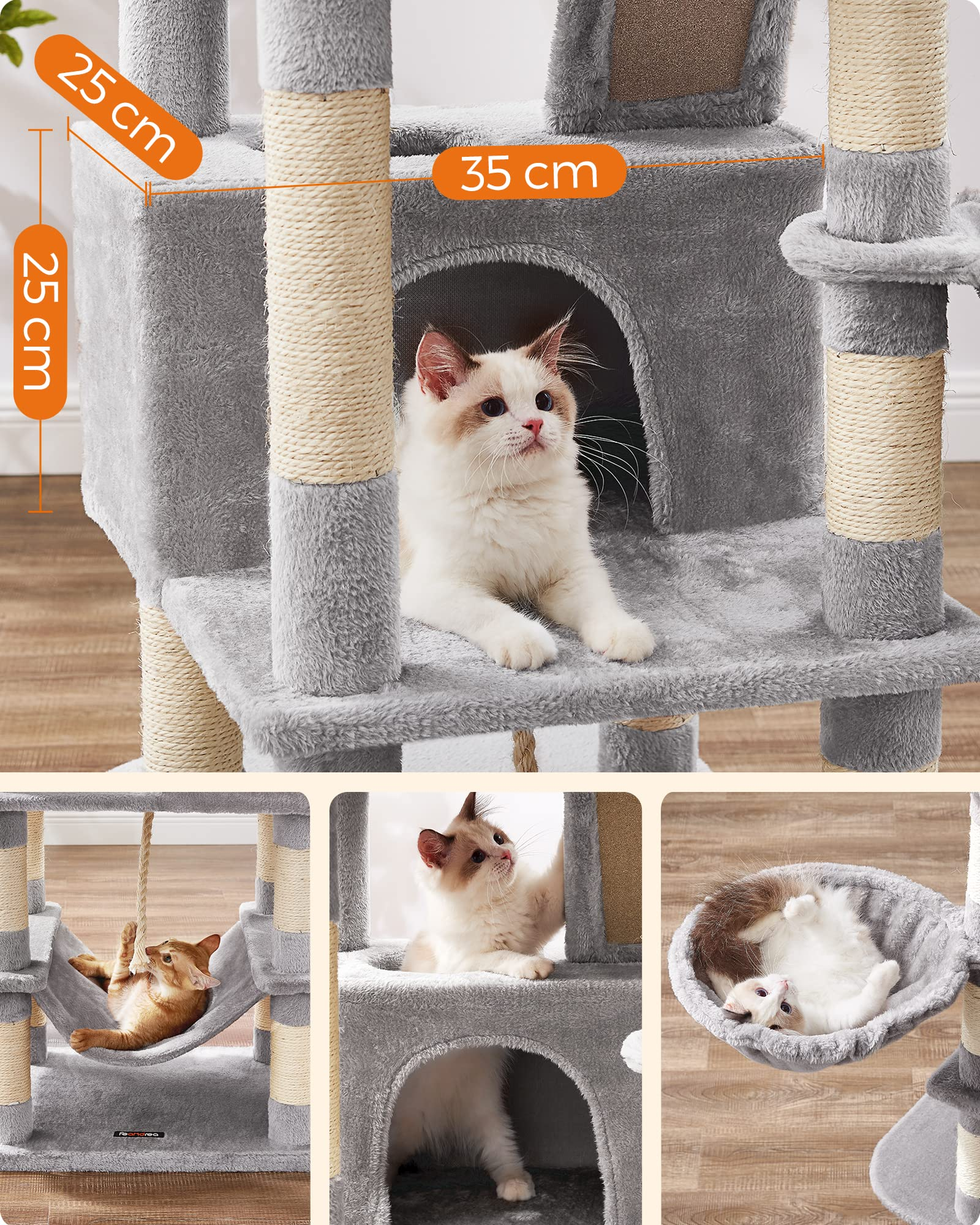 Un chat blanc et marron se reposant sur un arbre à chat gris à plusieurs niveaux avec des poteaux.