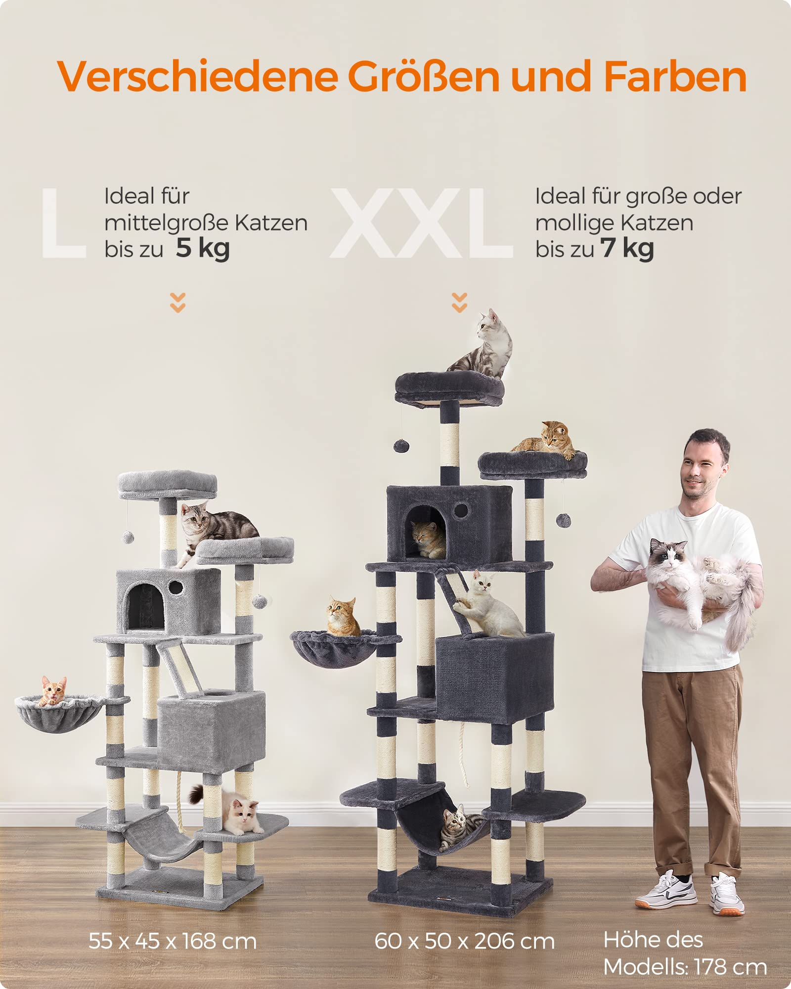 Publicité pour deux arbres à chats tailles L et XXL avec plusieurs chats et un homme pour comparaison.