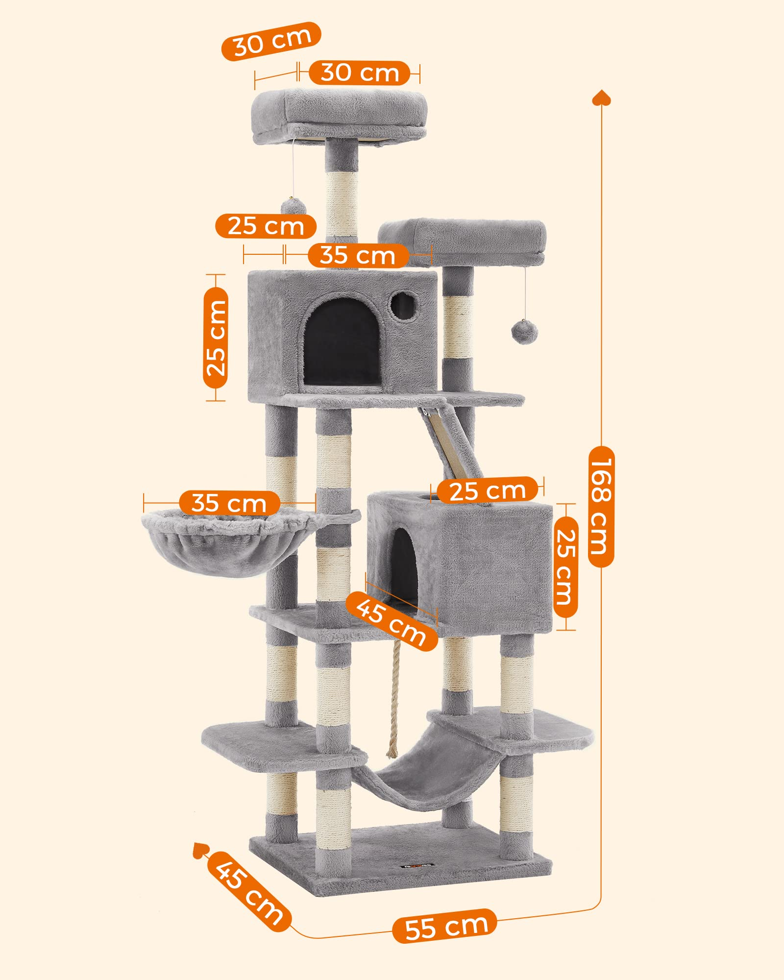 Arbre à chat gris à plusieurs niveaux avec maisons, hamacs et poteaux en sisal, mesures en cm.