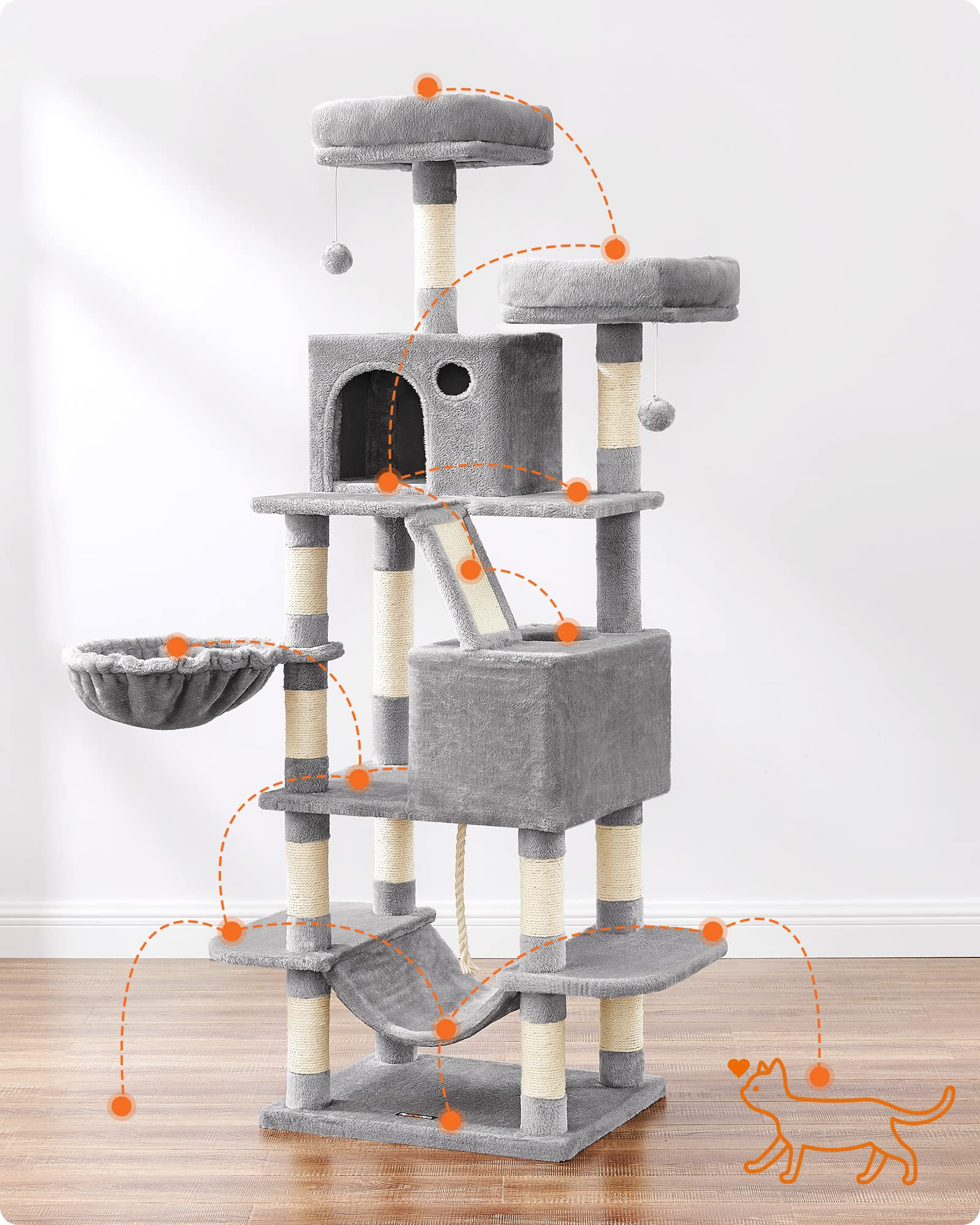 Un grand arbre à chat gris avec des plateformes, des grottes et un hamac sur un sol en bois.