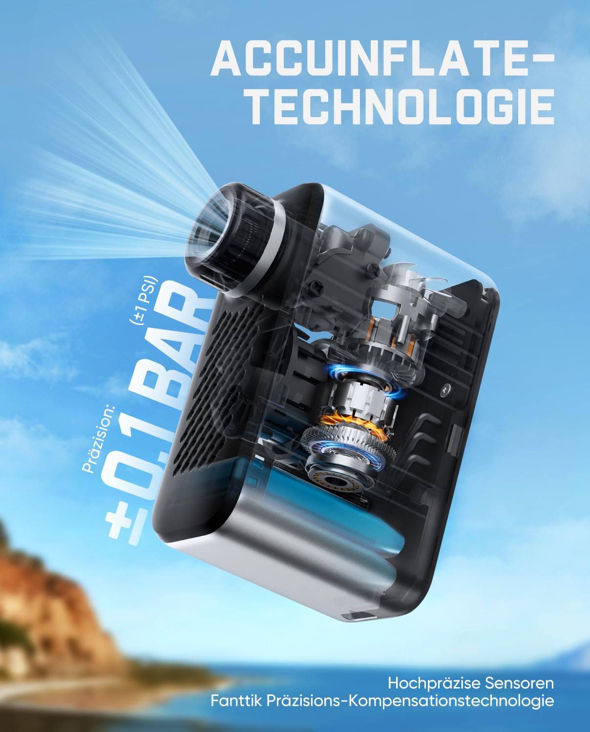 Coupe transversale d'un compresseur d'air portable montrant les moteurs internes sur fond bleu.
