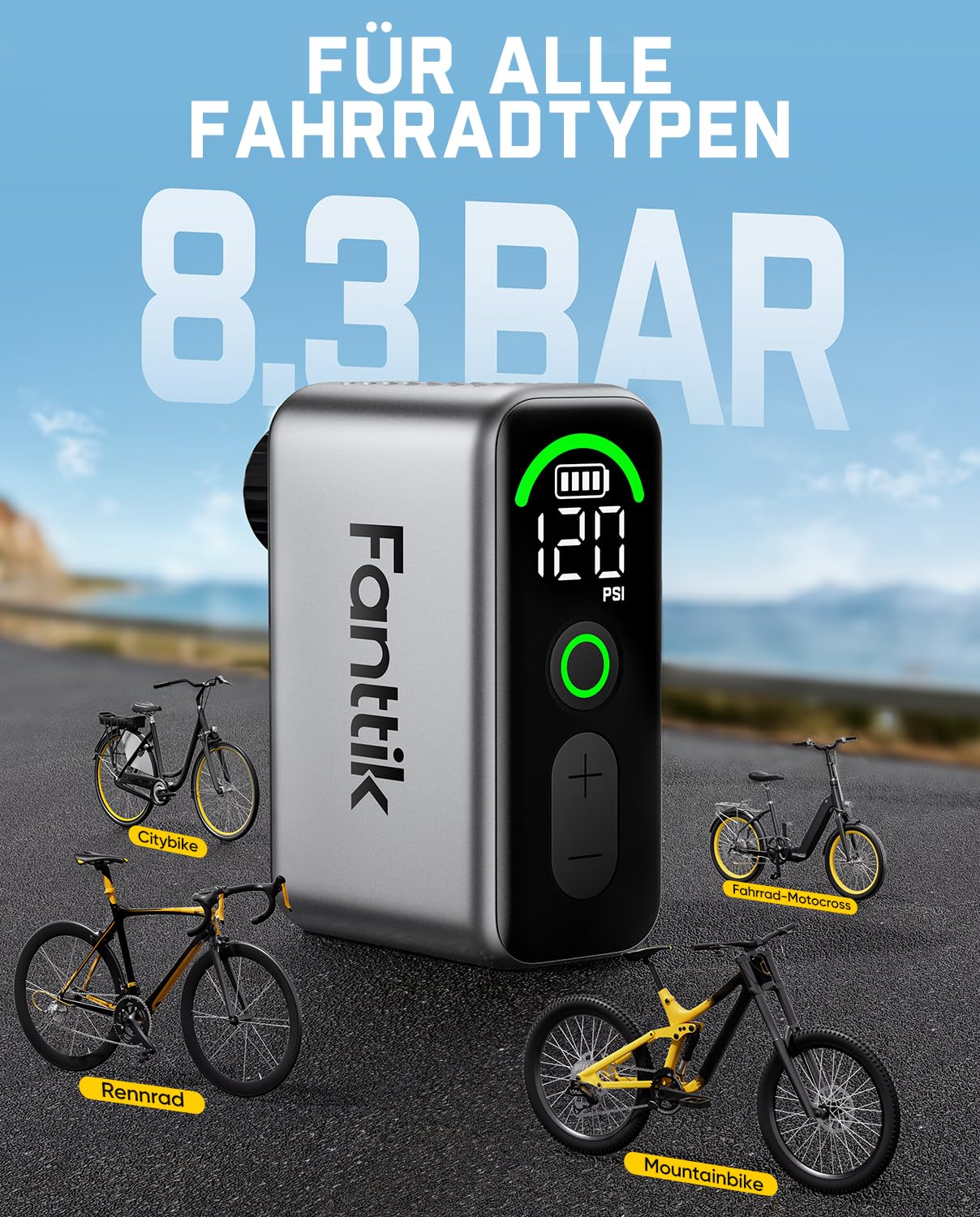 Pompe Fanttik portable sur asphalte, entourée de divers types de vélos et de texte.
