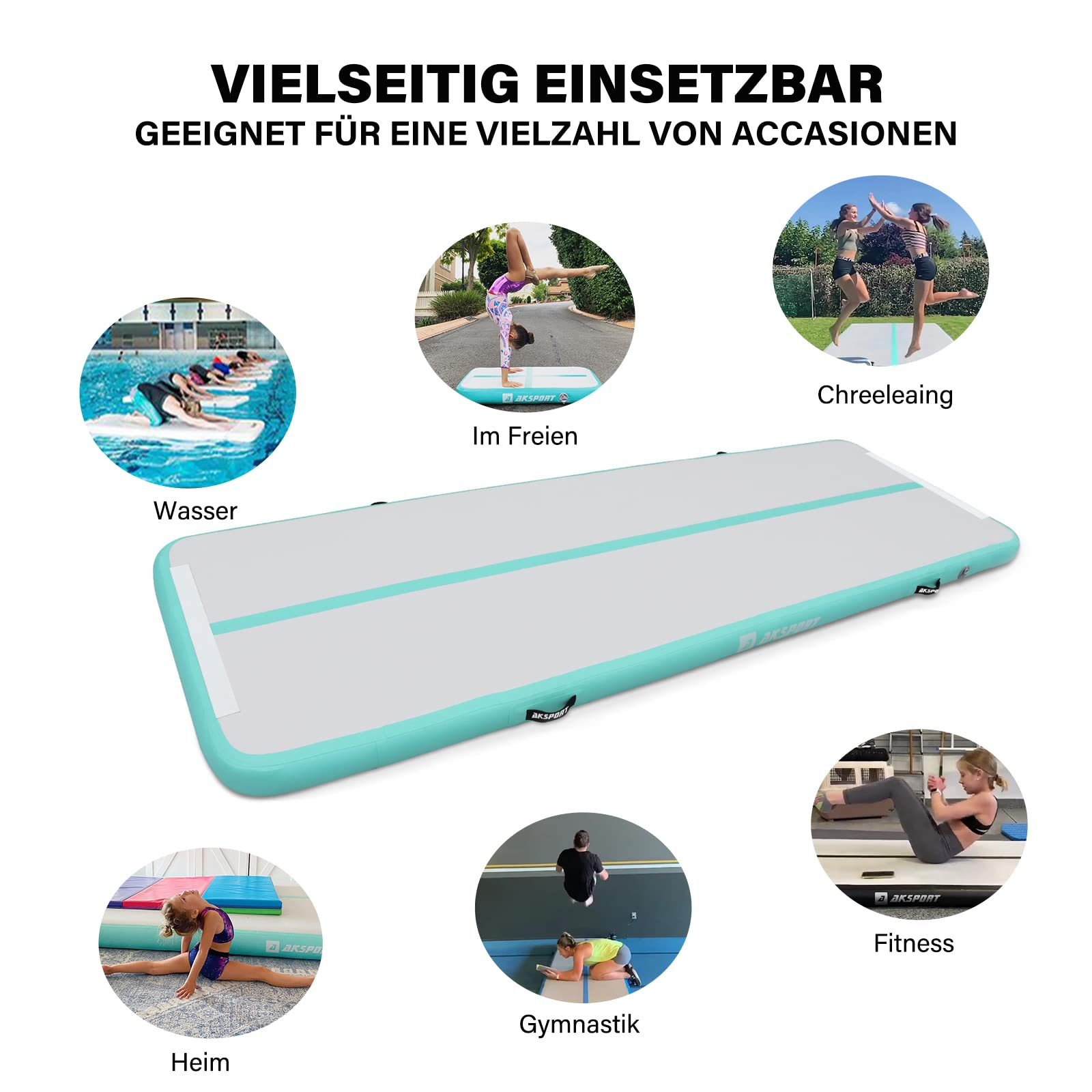 Eine graue und blaue Lufttrennwand zeigt verschiedene Nutzungsszenarien wie Wasser, Gymnastik und Fitness.