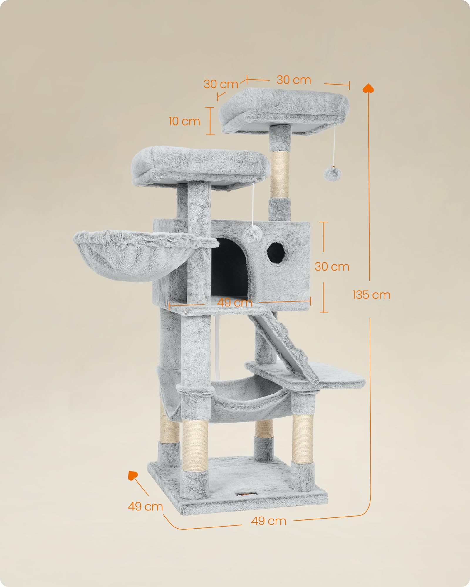 Albero per gatti grigio con tiragraffi, cuccia, amaca e piattaforme su vari livelli, comprese le dimensioni indicate.