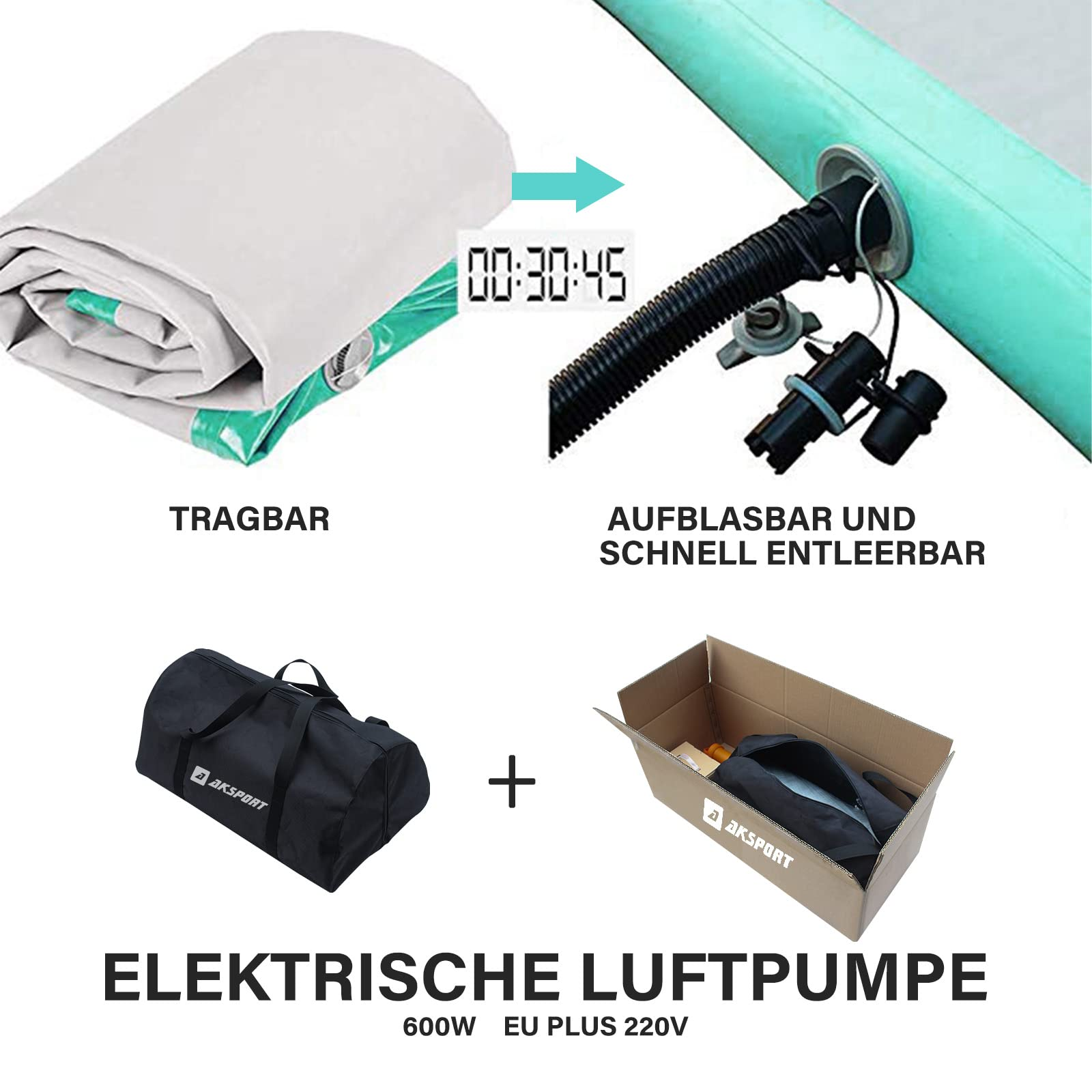 Zusammengeklappte Matte mit Pumpe, Timer 00:30:45, schwarze Sporttasche mit AKSPORT-Logo und Karton mit Tasche darin.