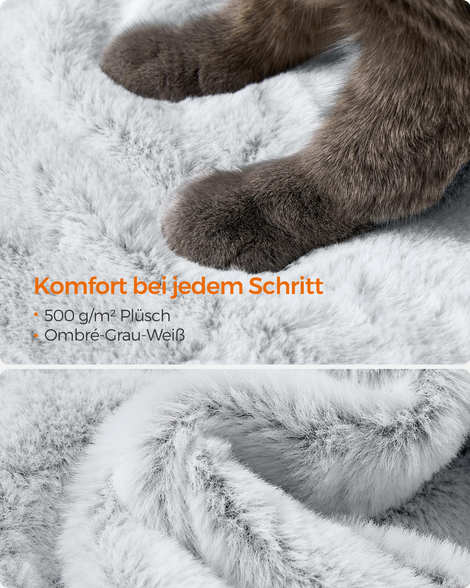 Zampe di gatto su un morbido tappeto in peluche grigio e bianco.