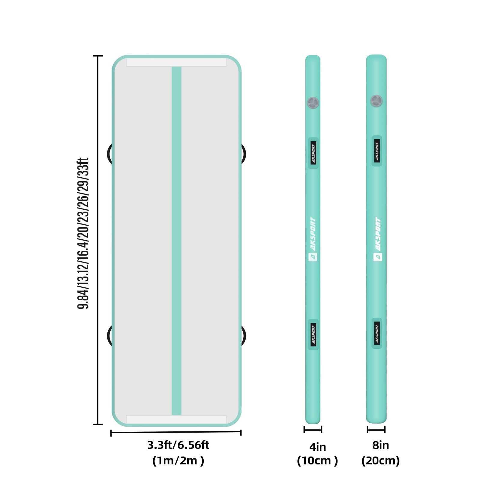 Diagramm einer mintgrünen Gymnastikmatte mit Maßen für Länge, Breite und verschiedene Dicken.