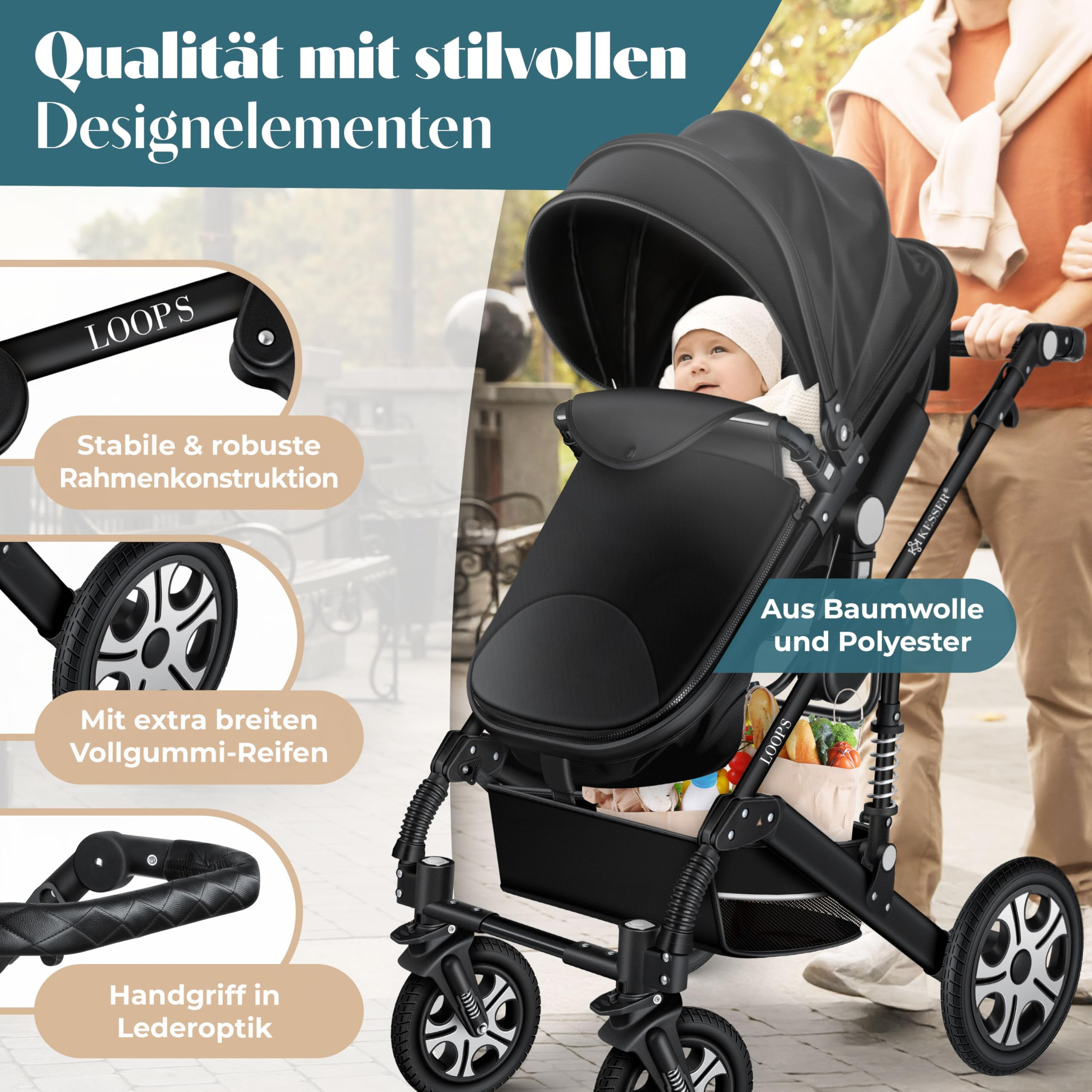 Un passeggino nero con un bambino in strada, con primi piani di telaio, ruote e maniglione.