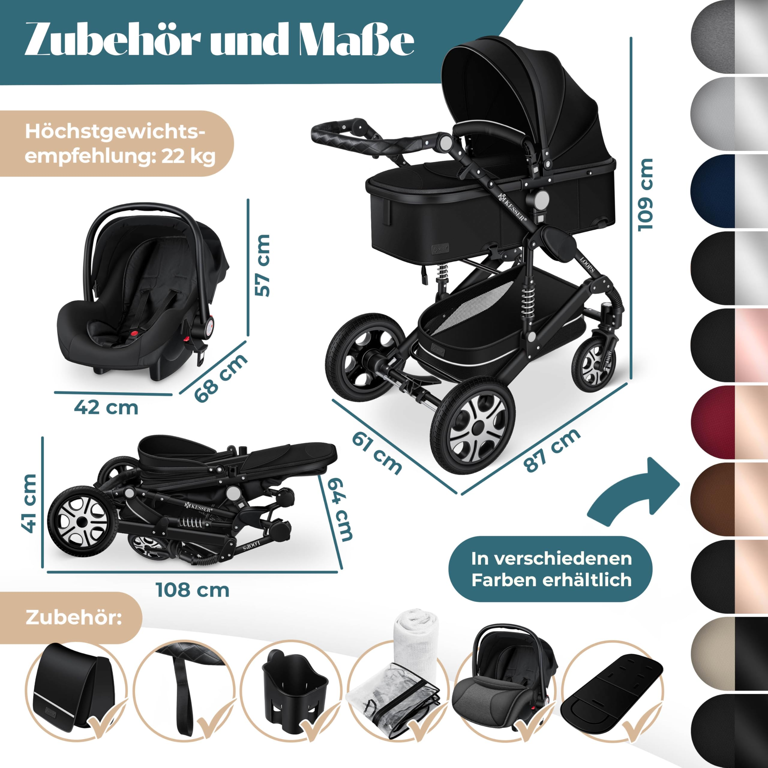 Passeggino nero con dimensioni, seggiolino auto, dimensioni da chiuso e accessori.