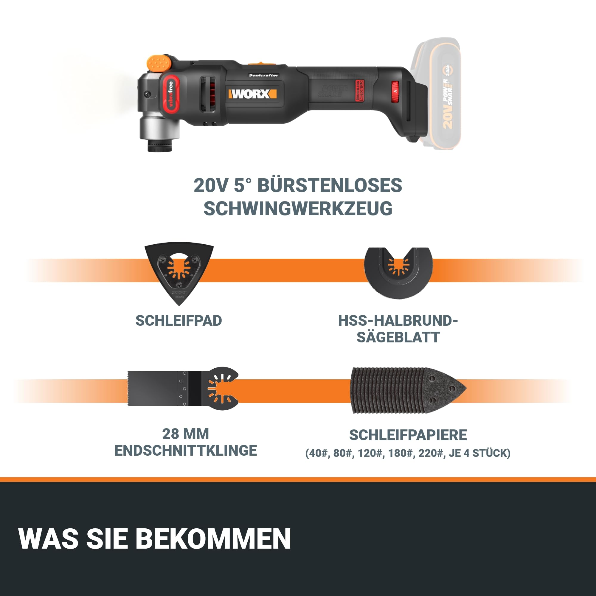 Outil oscillant sans fil WORX 20V presente avec quatre accessoires de coupe et de poncage.