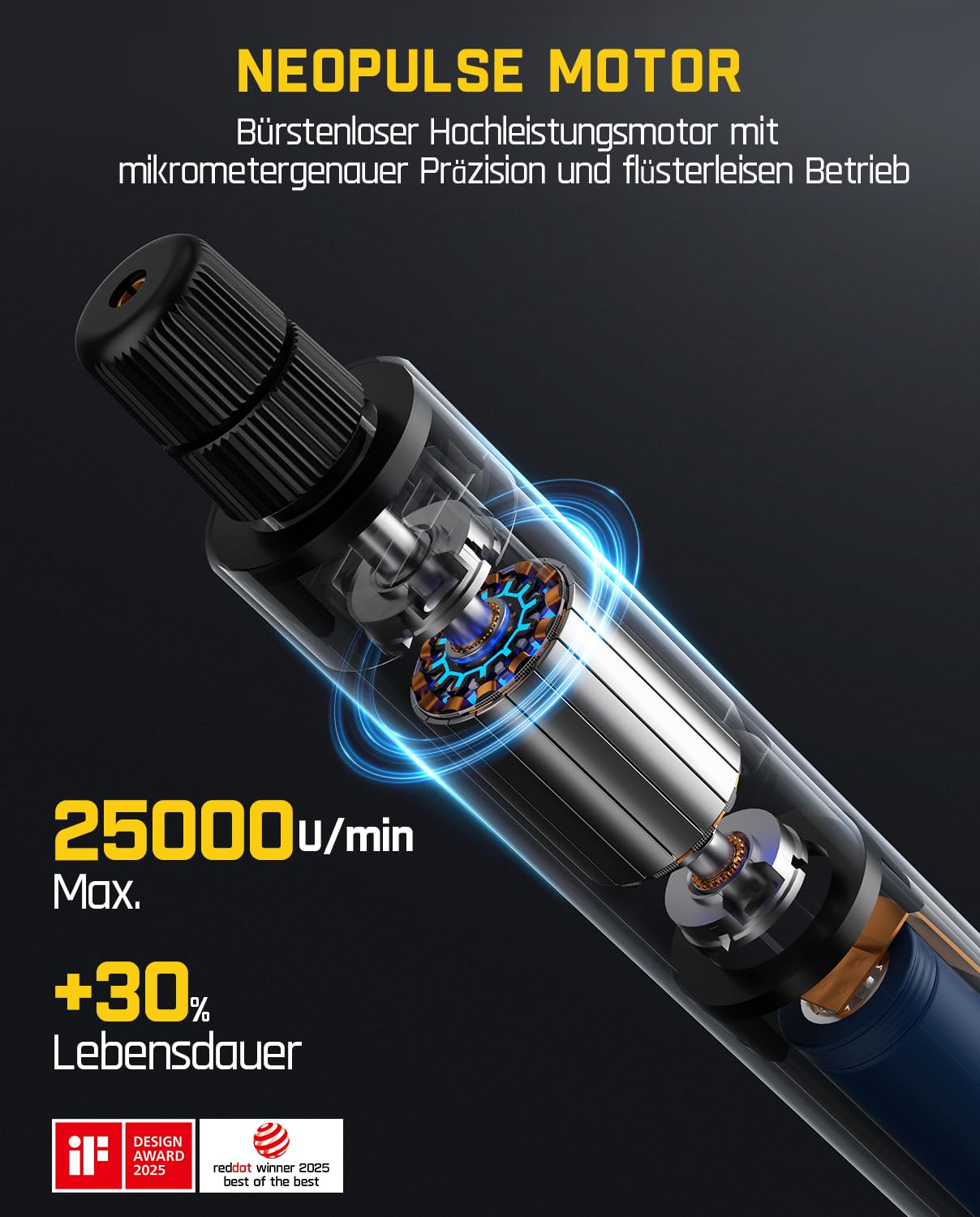 Transparente Ansicht eines Neopulse-Motors mit internen Komponenten, deutschem Text und Designpreisen.
