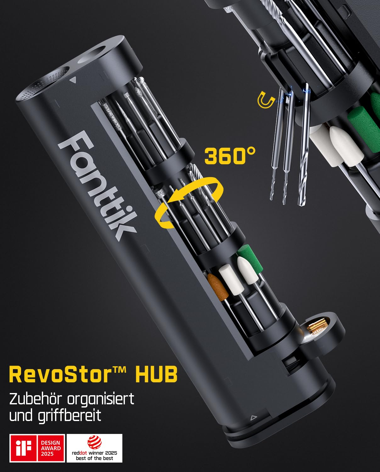 Schwarzer RevoStor Hub mit 360-Grad-Drehfunktion und rotierenden Aufsätzen auf dunkelgrauem Hintergrund.