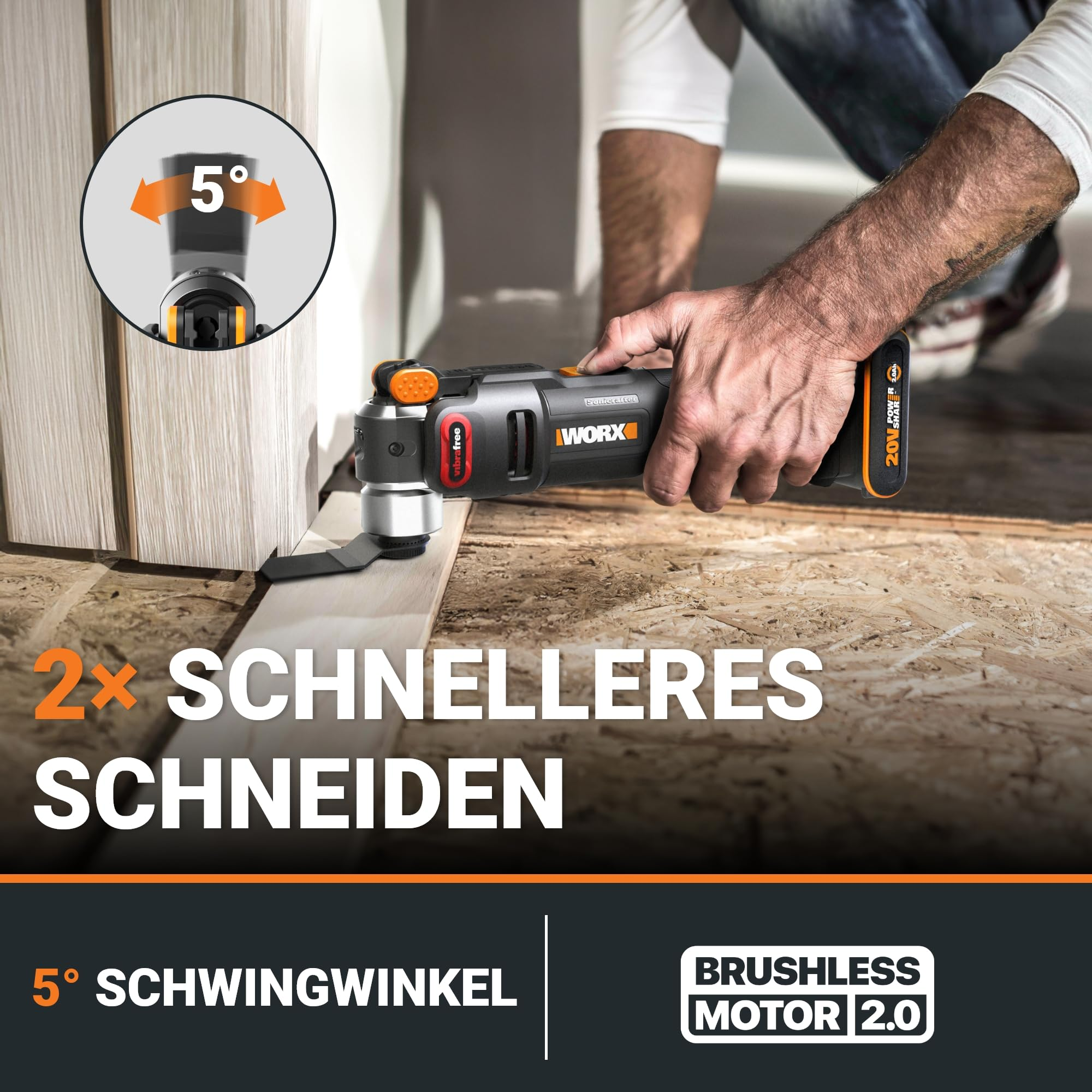 Un homme utilise un outil oscillant Worx pour couper du bois. Texte en superposition: coupe 2x plus rapide.