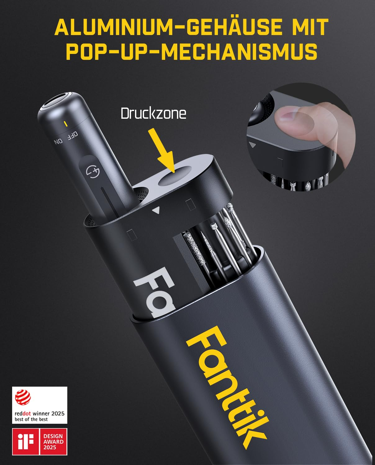 Aluminiumgehäuse mit Pop-up-Mechanismus, Druckzone und Werkzeugbits.
