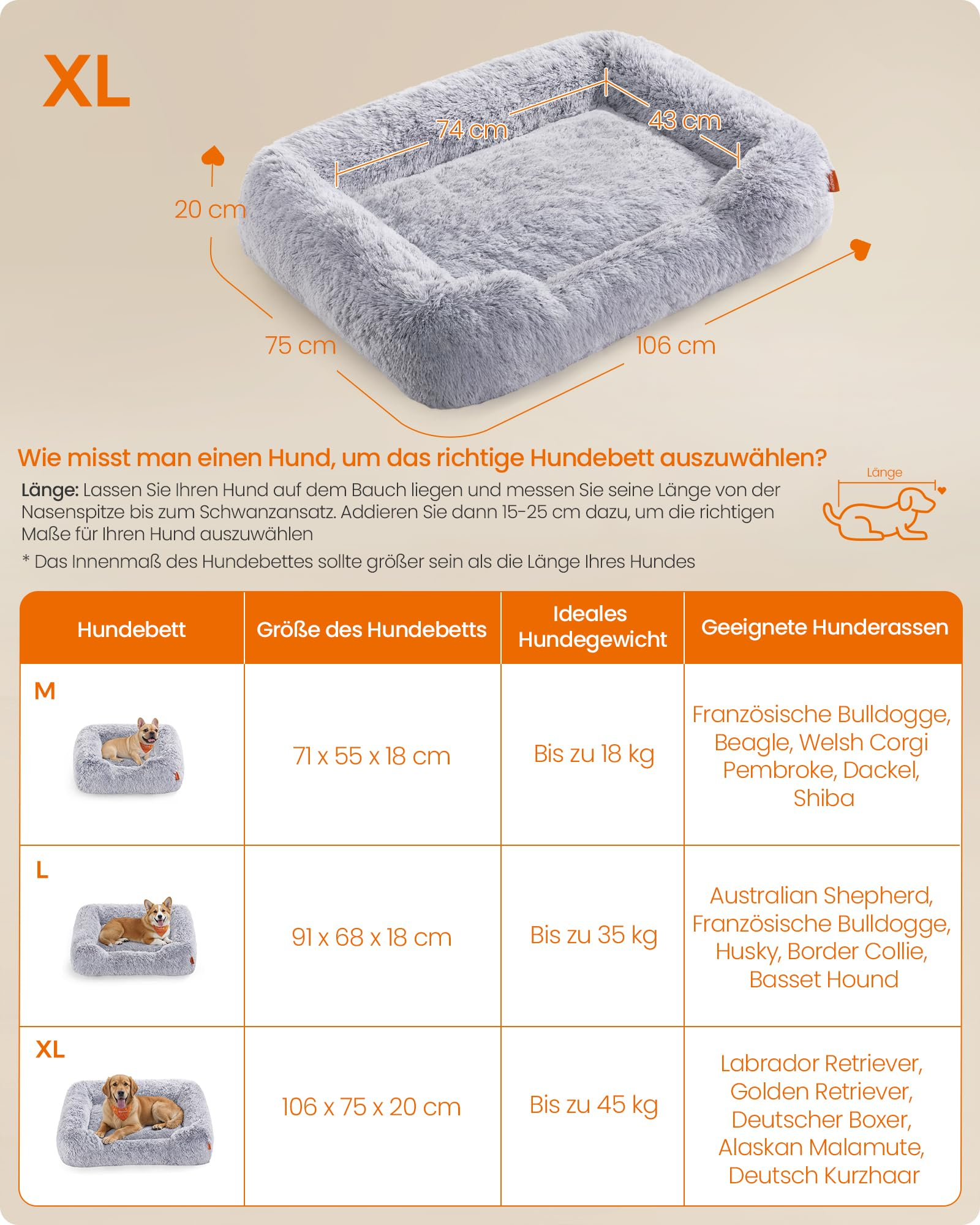 Cuccia per cani XL grigia con dimensioni e tabella taglie per varie razze.
