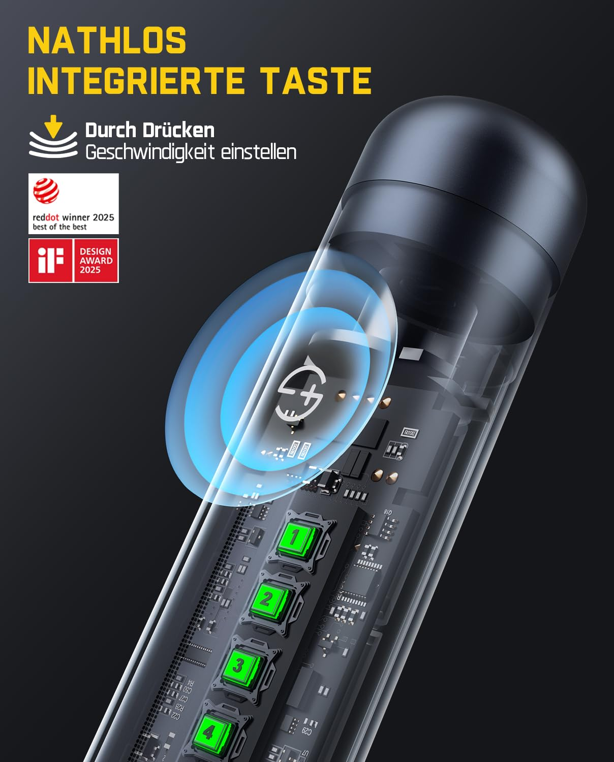 Röntgensicht eines schlanken schwarzen Geräts mit interner Elektronik, vier grünen Tasten und deutschem Text.