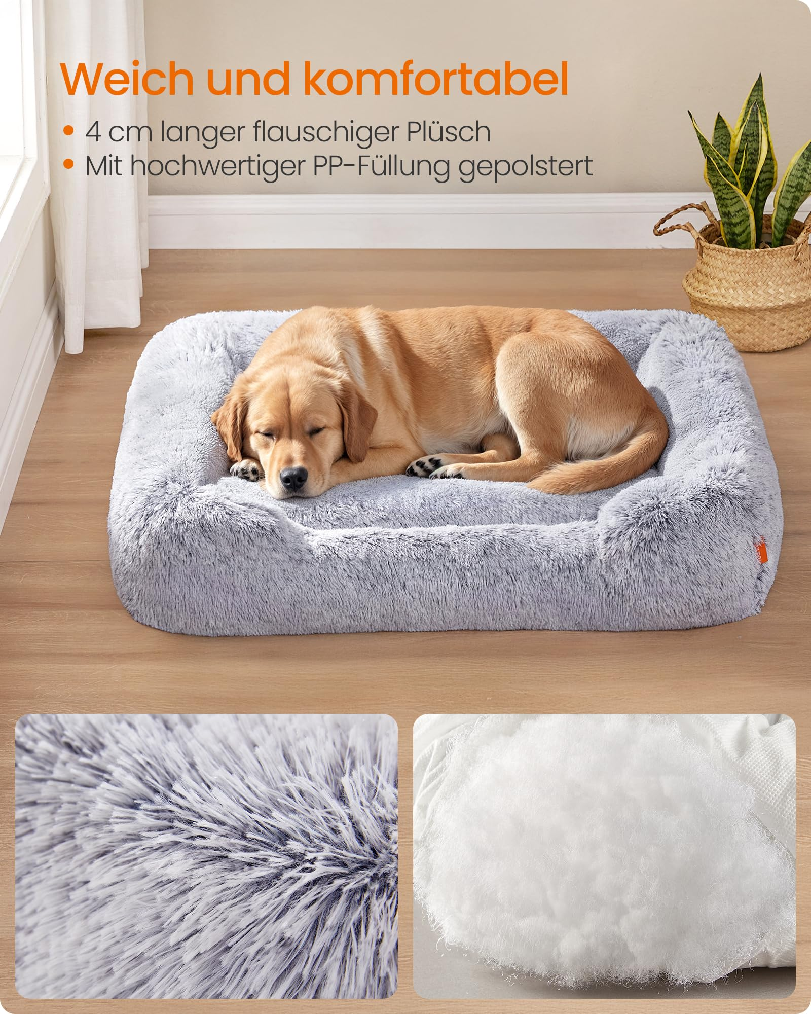 Un golden retriever dorme comodamente in una cuccia per cani grigia e soffice.