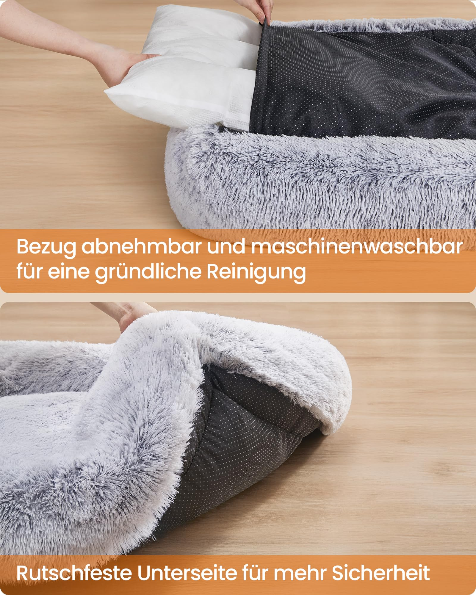Una soffice cuccia grigia e bianca per animali con fodera rimovibile e fondo antiscivolo.